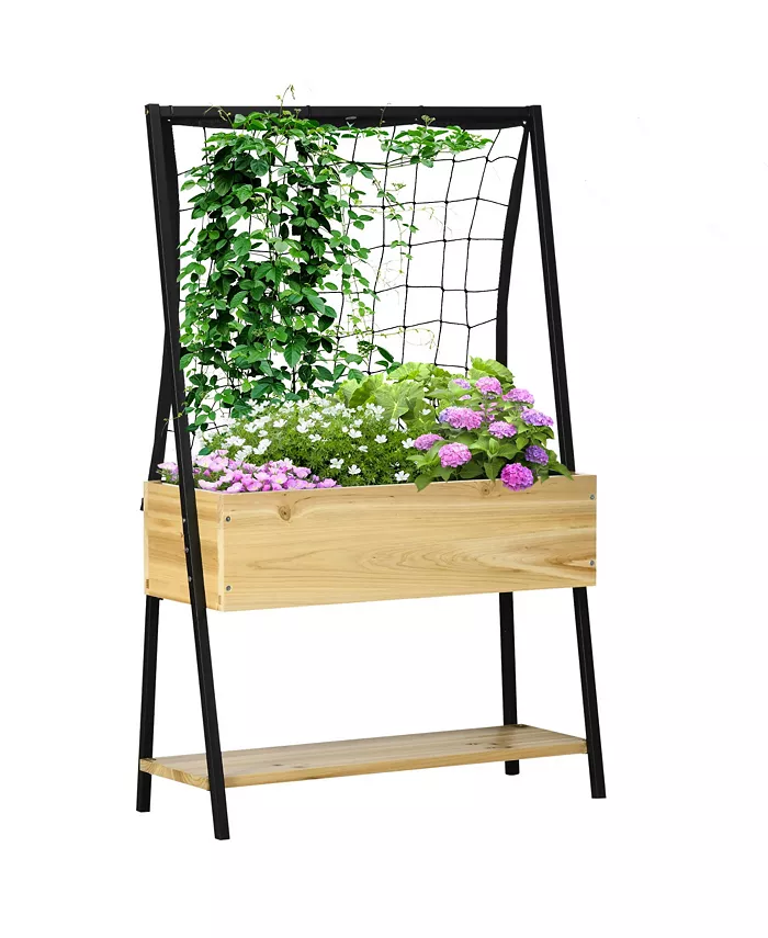 Outsunny Raised Garden Bed with Climbing Grid Trellis Storage Shelf， Elevated Planter Box for Vegetable Vines， Climbing Plants， Natural