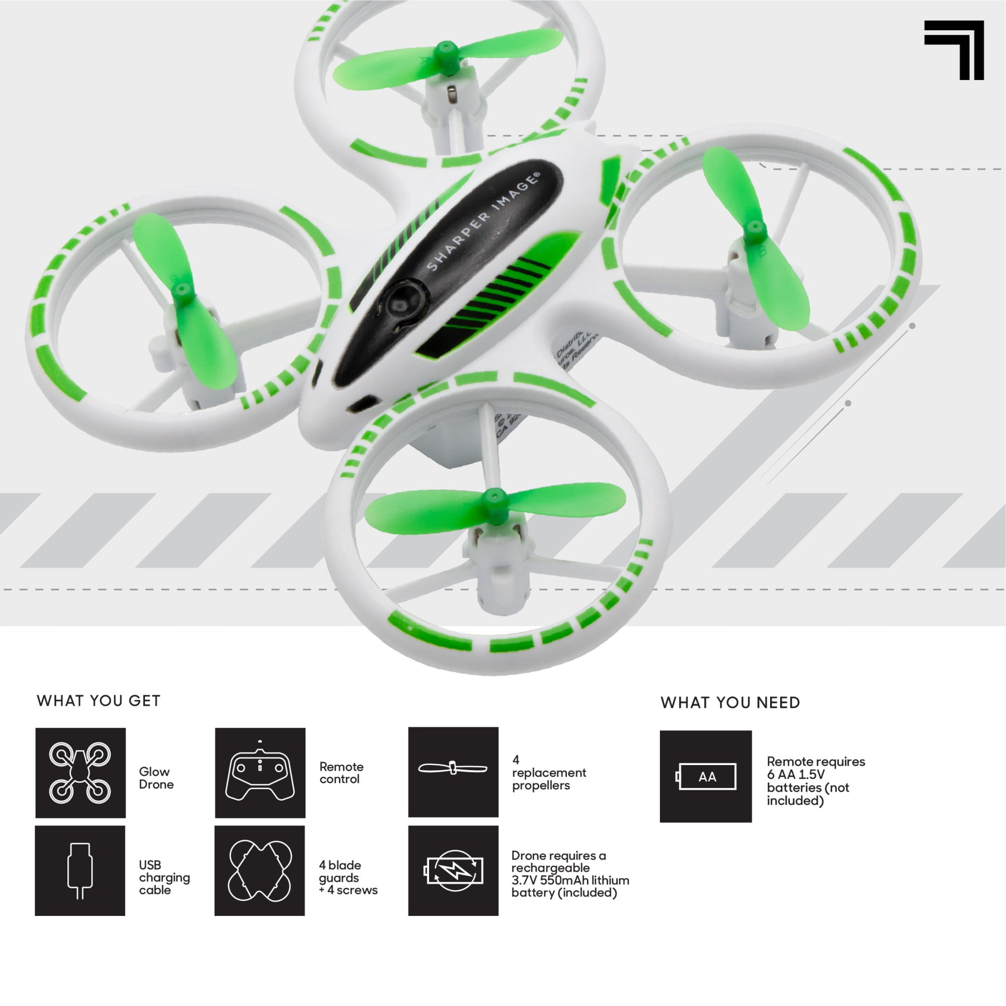 Sharper Image 2.4GHz RC Glow Up Stunt Drone with LED Lights， Mini Remote Controlled Quadcopter with Assisted Landing， Small Plane for Kids and Beginners， Wireless and Rechargeable