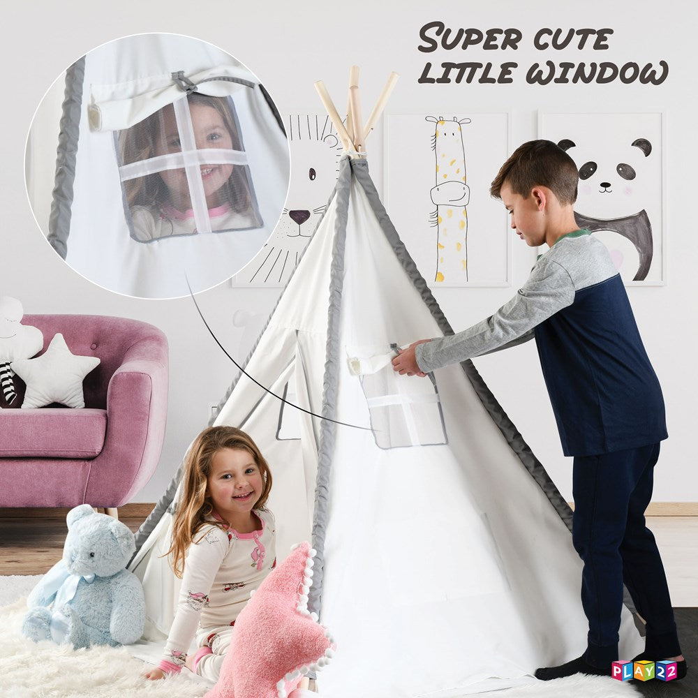 Teepee Tent For Kids With Mat - Foldable Kids Natural Cotton Canvas Teepee Play Tent With Wood Poles And Carry Case - Play Tents For Girls Boys, Indoor Outdoor Kids Playhouse Tent -Play22USA