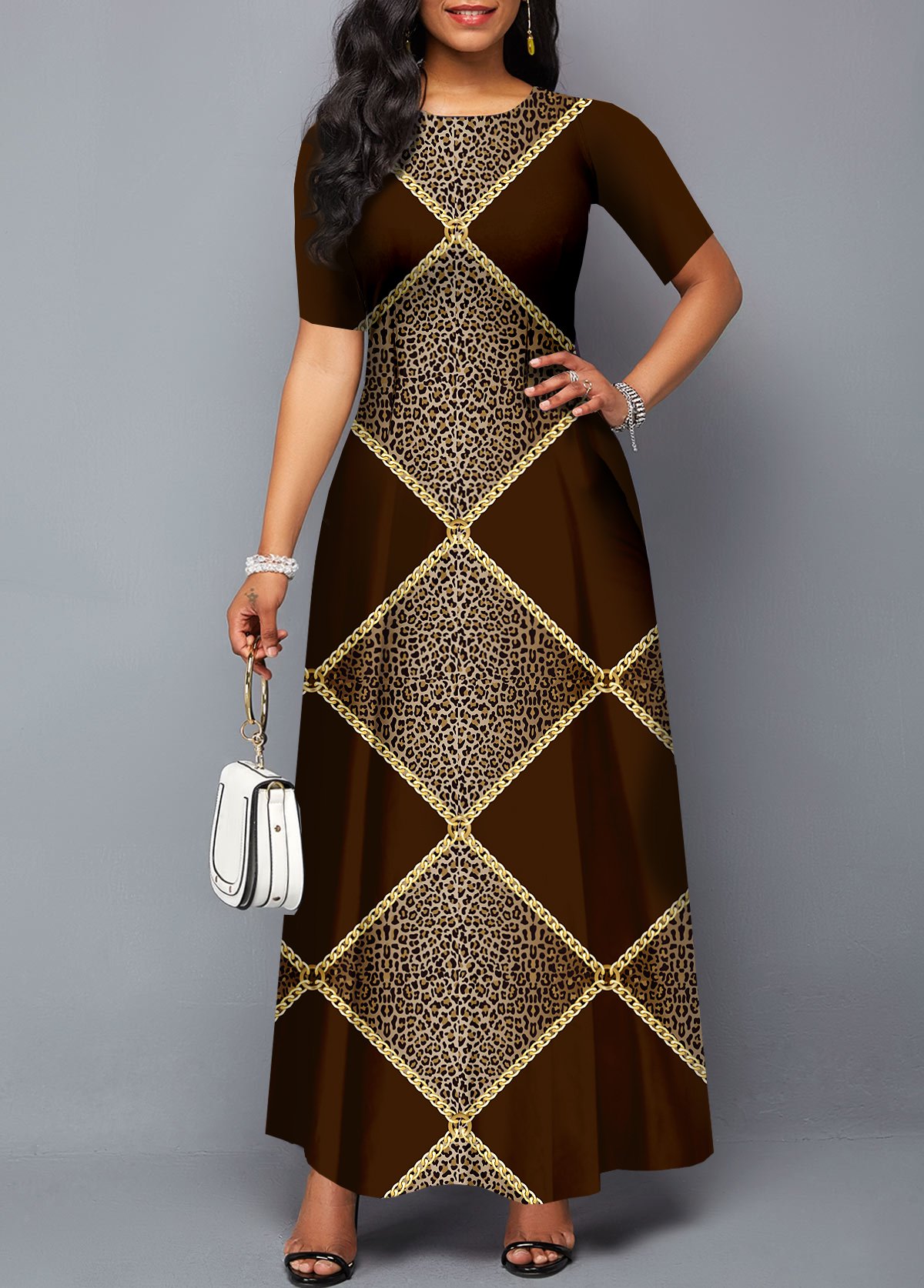 Short Sleeve Round Neck Leopard Dress