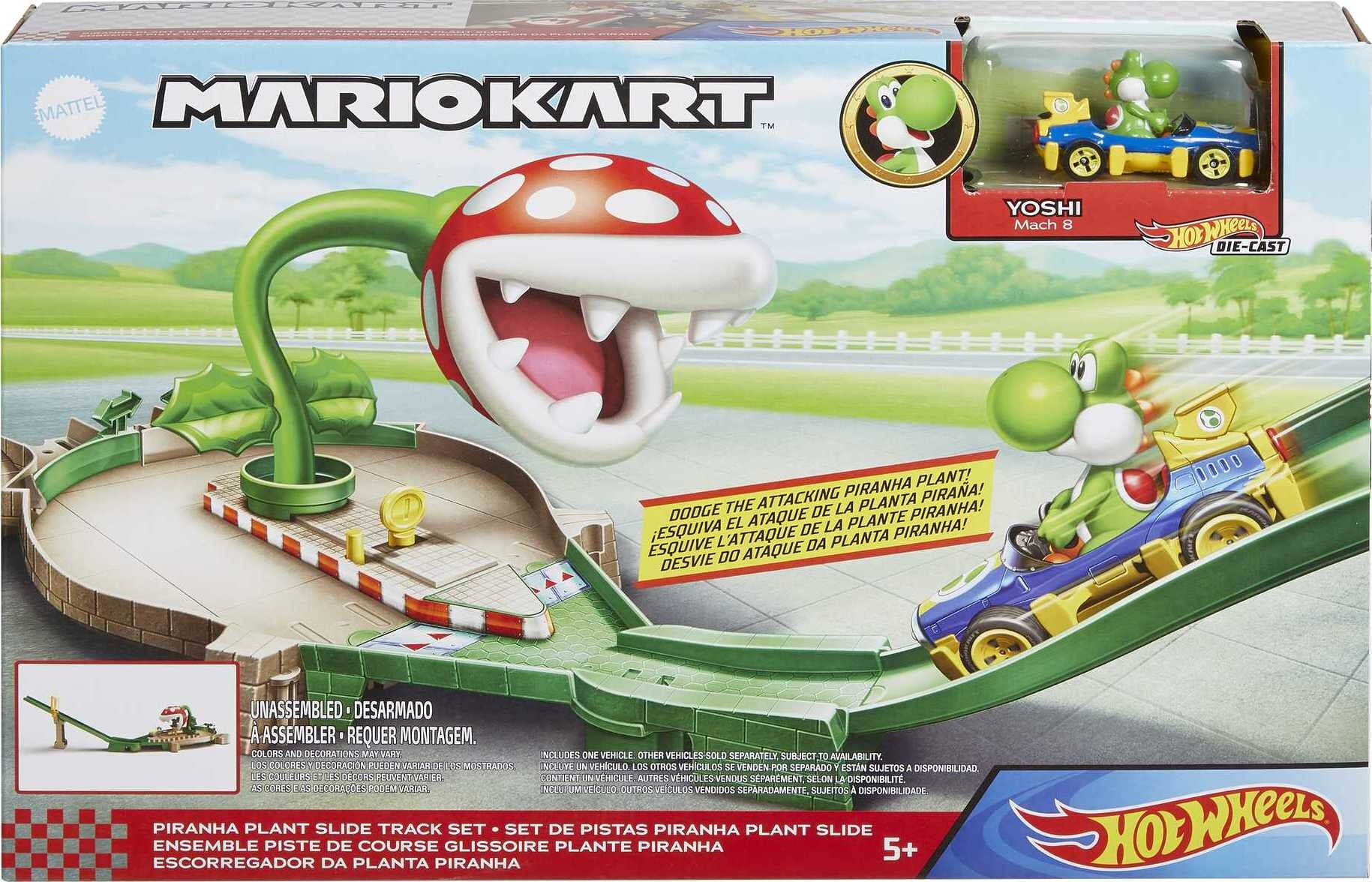 Hot Wheels Mario Kart Piranha Plant Track Set with 1:64 Scale Yoshi Toy Kart and Gravity Launcher