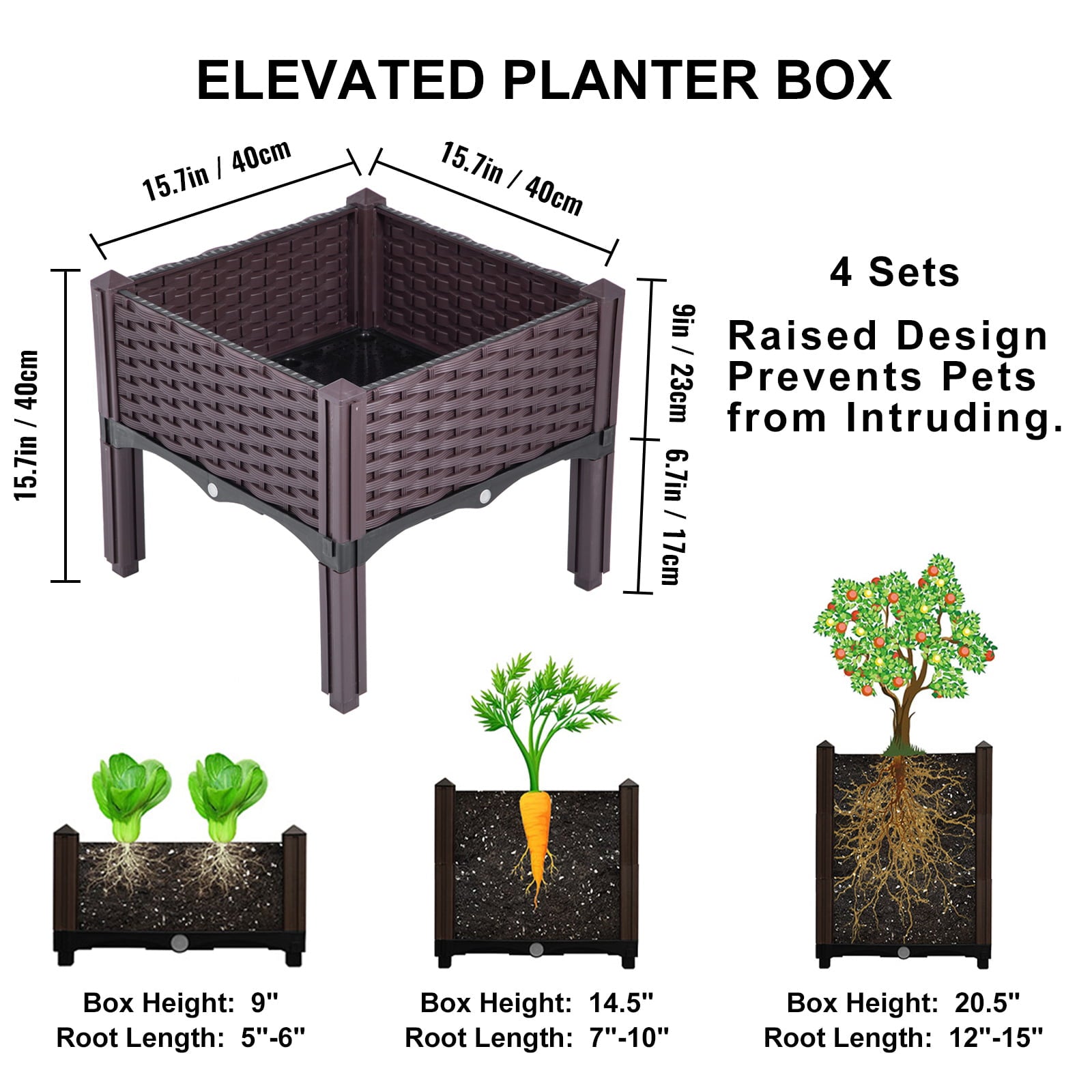 VEVOR Raised Plastic Garden Bed, Set of 4 Elevated Planter Box , 15.7"H Square Flower Bed Box Kit, Elevated Raised Garden Planter with Legs for in/Outdoor