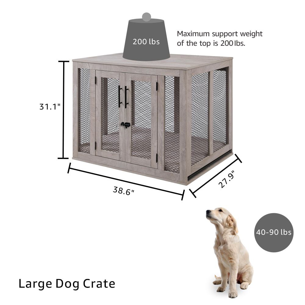 Unipaws Large Dog Crate with Cushion and Tray， Wooden and Metal Net Dog Kennels