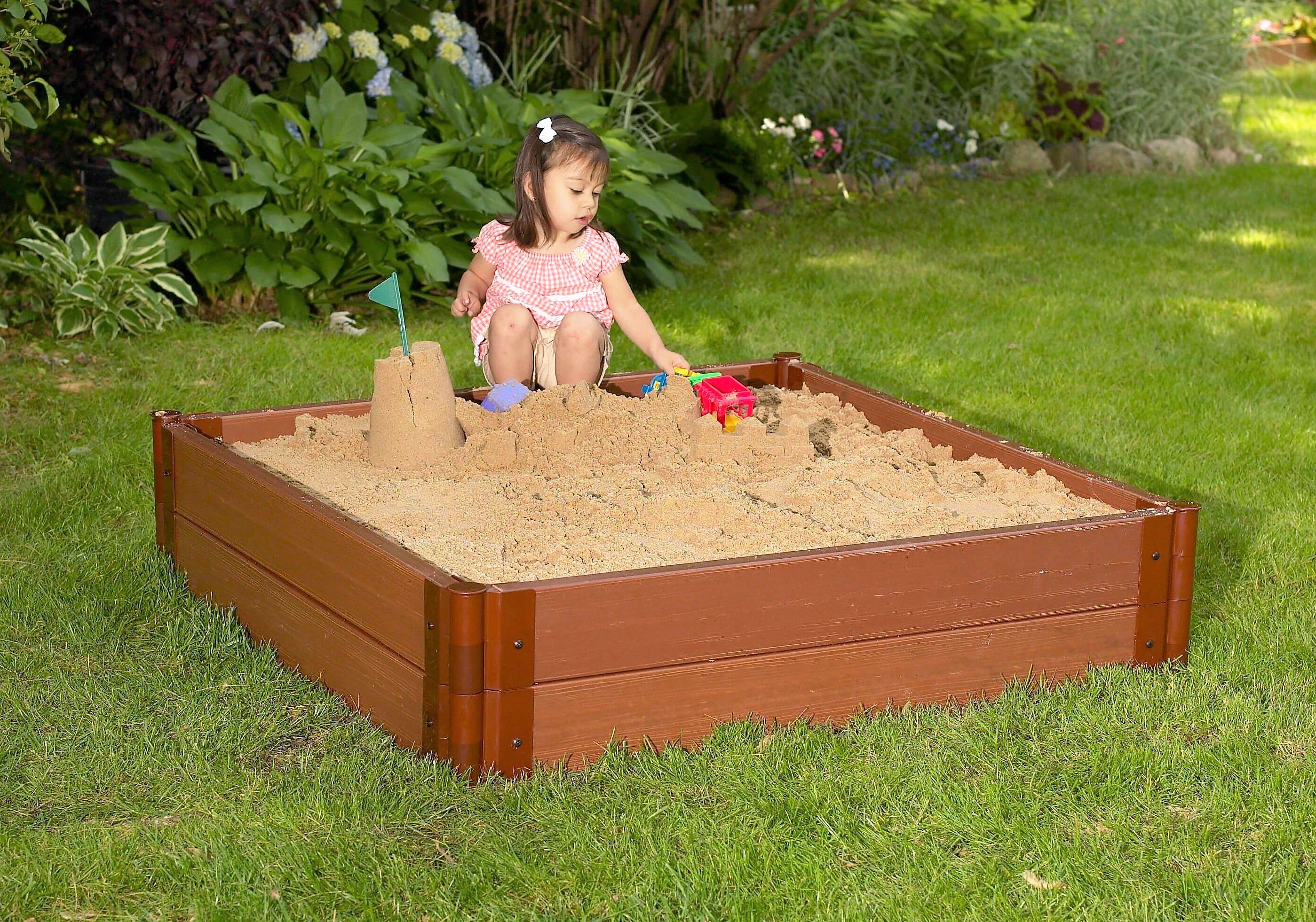 Frame It All Tool-Free Classic Sienna 4ft. x 4ft. x 11in. Composite Square Sandbox Kit with Collapsible Cover - 2
