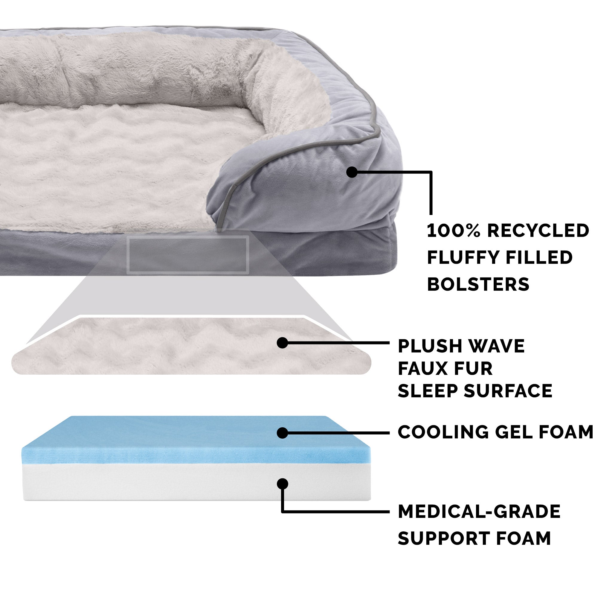 FurHaven Pet Products | Cooling Gel Memory Foam Orthopedic Perfect Comfort Velvet Waves Sofa-Style Couch Pet Bed for Dogs and Cats， Granite Gray， Jumbo
