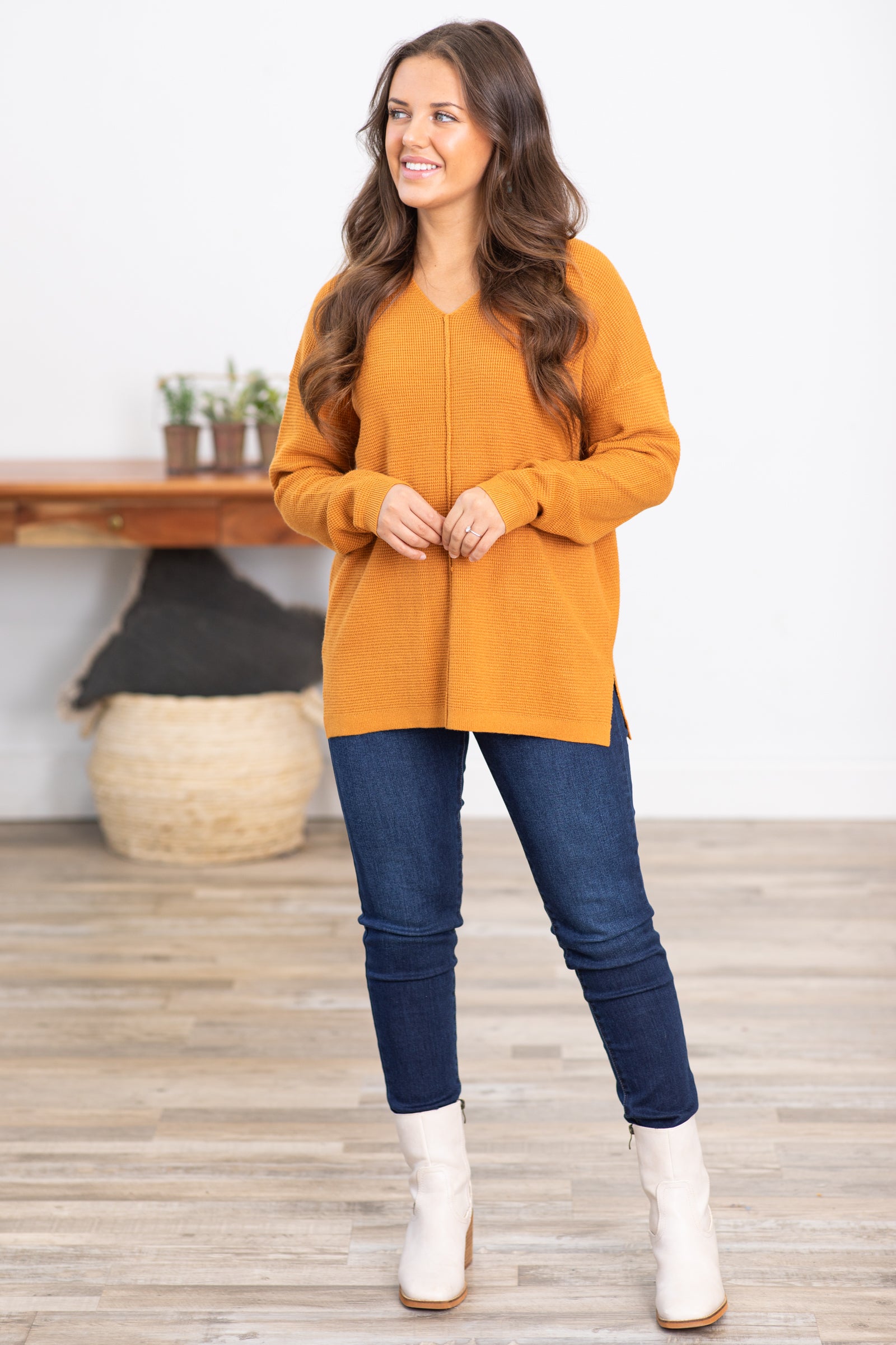Copper Mini Waffle V-Neck Sweater With Seam