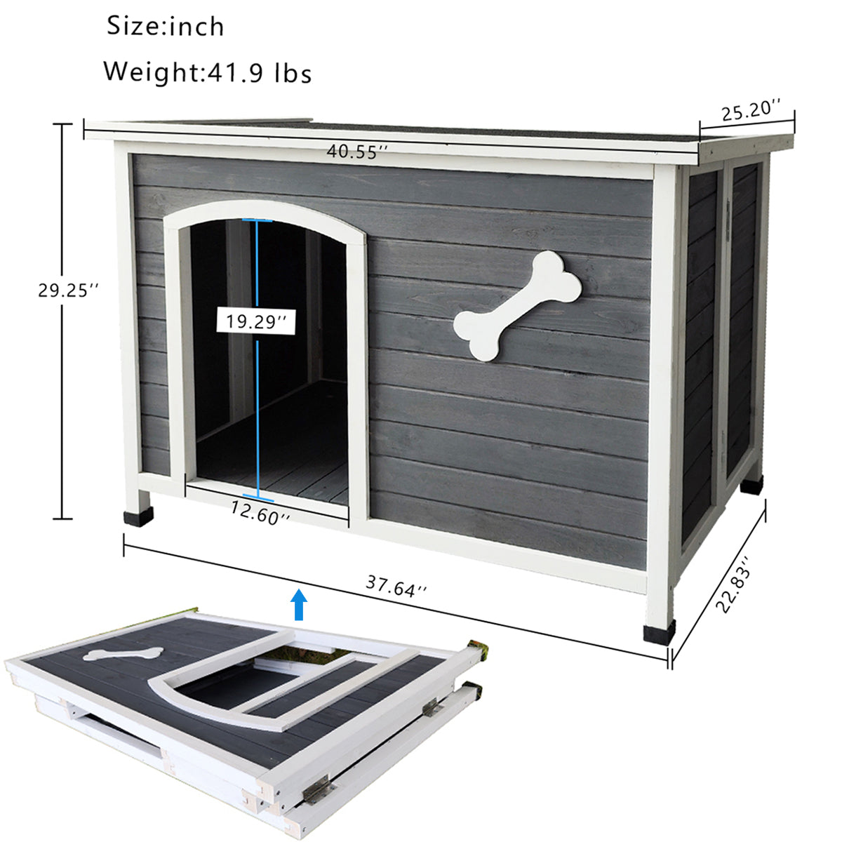 ZPL 38 Inch Wooden Dog House Outdoor Indoor Pet Kennel for Winter w/ Anti Chewing Frame and Raised Feet， Weatherproof Hut for Small Medium Large Dogs