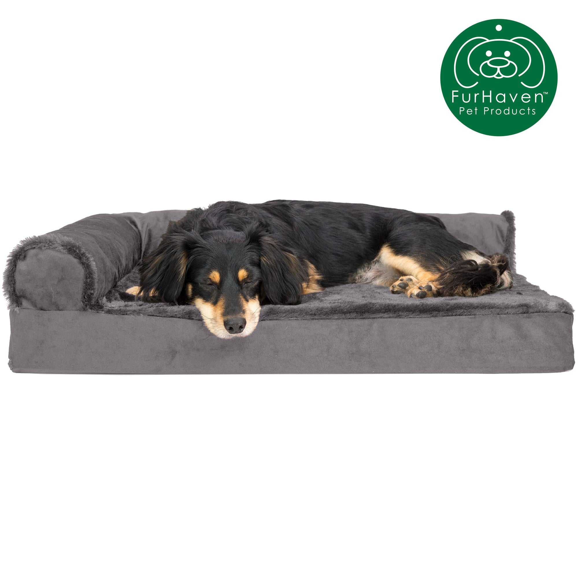 FurHaven | Deluxe Orthopedic Plush and Velvet L-Chaise Lounge Pet Bed for Dogs and Cats， Platinum Gray， Medium