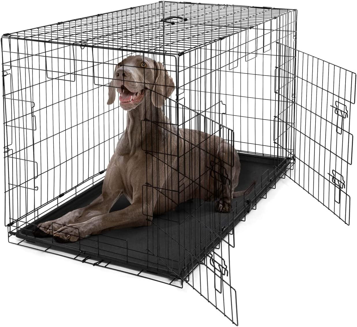 BOWHAUS Foldable Dog Crate Wire Metal Dog Kennel w/ Divider Panel， Leak-Proof Pan and Protecting Feet， Single and Double Door， Small， Medium and Large Dog Crate Indoor Wire Dog Cage， 48” w/ Double Doors