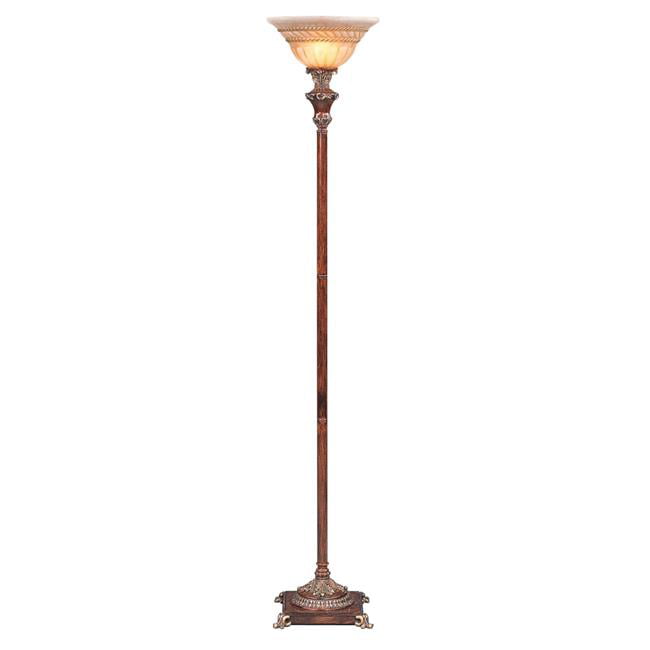 HomeRoots 431805 69 in. Faux Wood Torchiere Floor Lamp with Brown Stained Glass Bell Shade, Brown