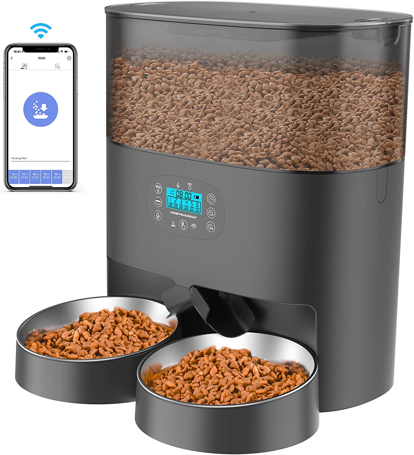 6L Automatic Cat Feeder for 2 Cats， 2.4G WiFi Enabled Smart Feed Automatic Pet Feeder for Cats and Dogs， Timed Pet Food Dispenser with Stainless Steel Bowl APP Control， 10s Voice Black