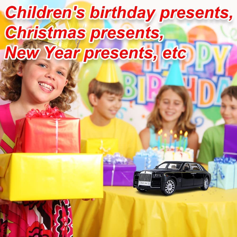 Cocobaby Upgrade Version -Exquisite car Model 1/24 Rolls-Royce Phantom Model Car，Zinc Alloy Pull Back Toy car with Sound and Light for Kids Boy Girl Gift. (Black-Black)