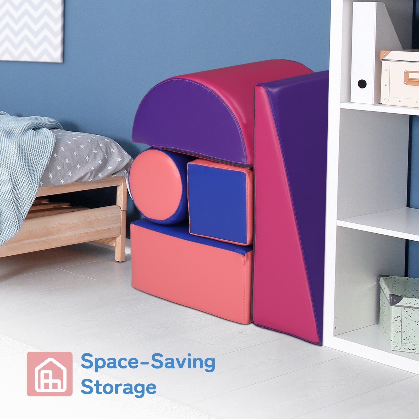 JOYMOR Soft Foam Climber 5-Piece Sets Crawl and Climb Foam， Beginner Toddler Climber with Slide Ramp， Indoor Active Play Structure for Babies and Toddlers (Dark Blue，Rose Red)