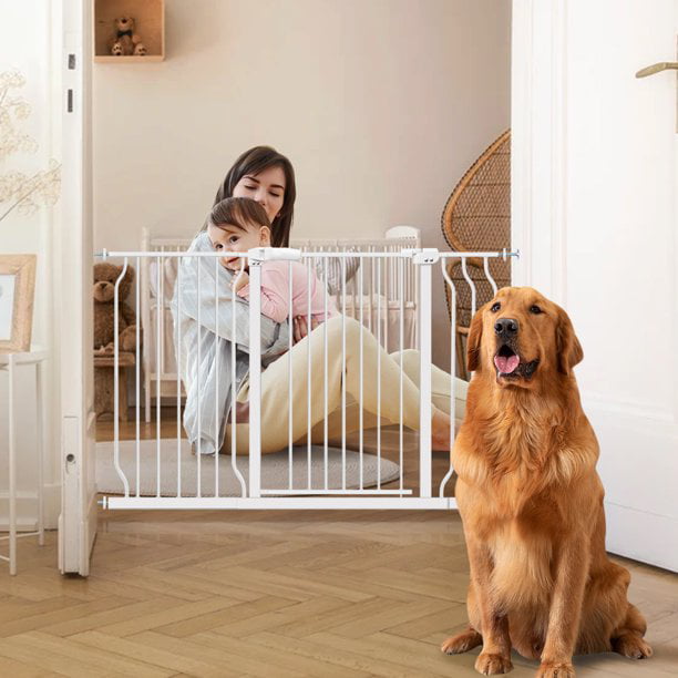 Extra Wide and Tall Baby Gate， Auto-Close and Hold-Open Pet Gates， Easy Walk Thru Indoor Safety Gate with 4 Pack of Pressure Mount Kit， Dog Gates with Optional Extension Kit for 57.5