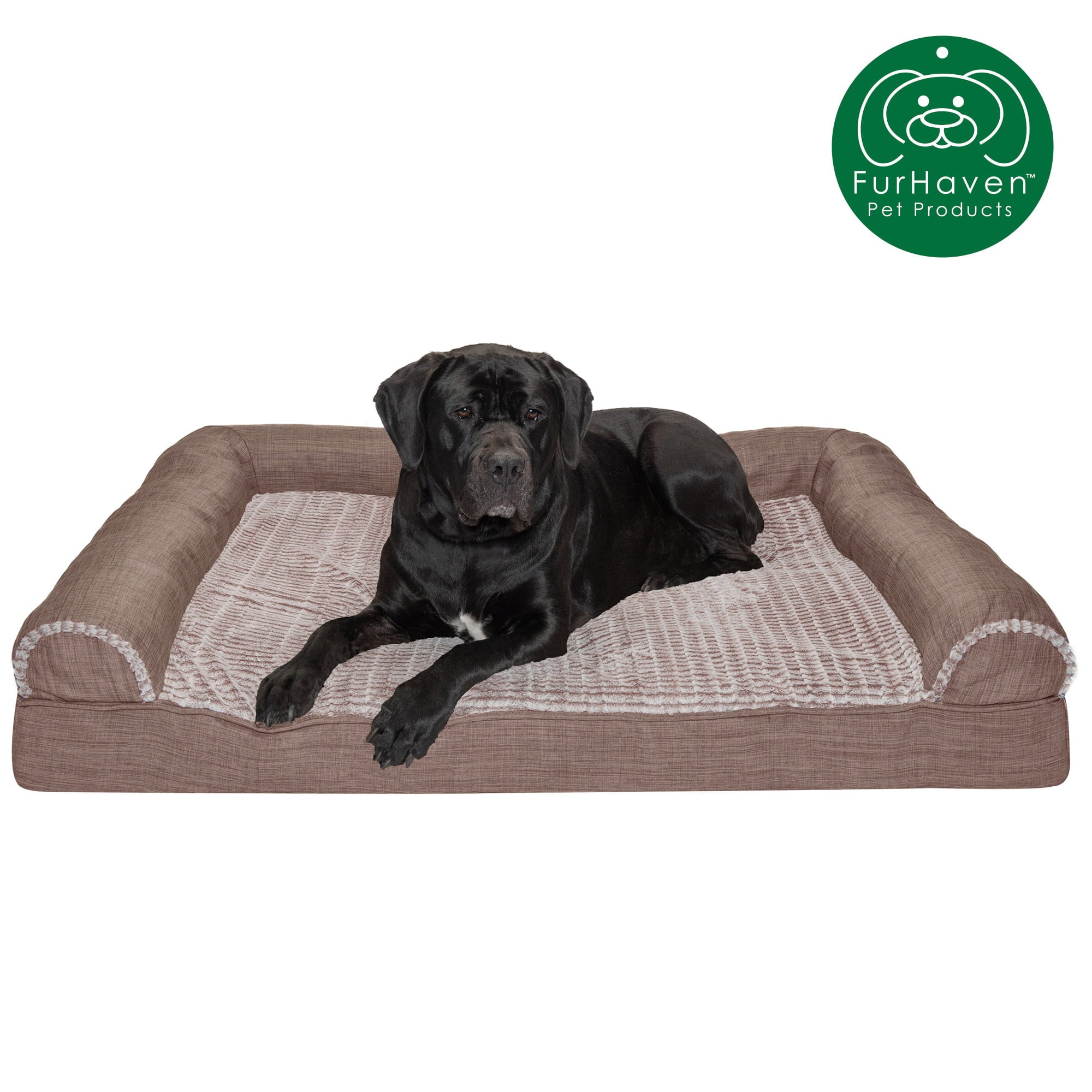FurHaven Pet Products | Cooling Gel Memory Foam Orthopedic Luxe Fur and Performance Linen Sofa-Style Pet Bed for Dogs and Cats， Woodsmoke， Jumbo Plus