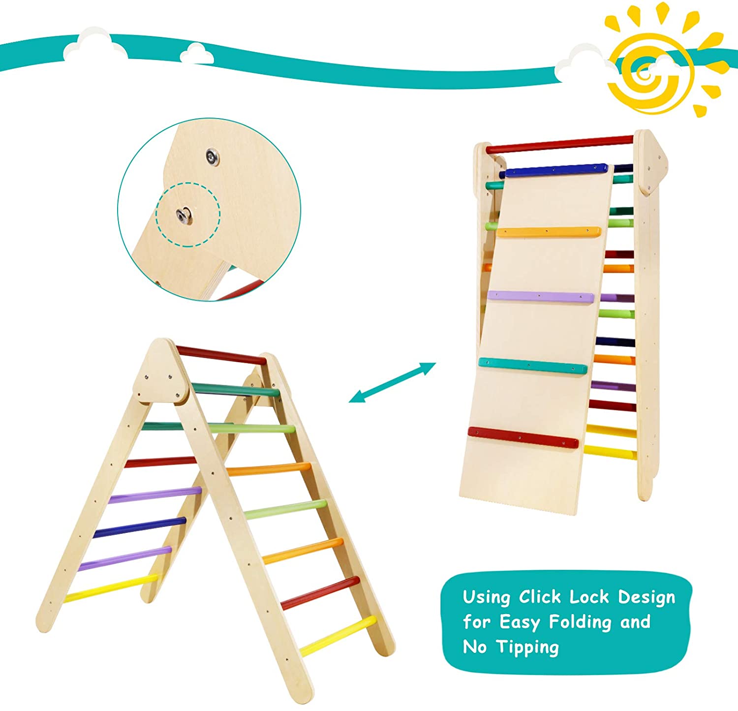 LAZY BUDDY Foldable Climbing Triangle with Ramp， Wooden Climber Ladder Indoor Outdoor Sliding Climbing Toy for Kids 2-7 Years