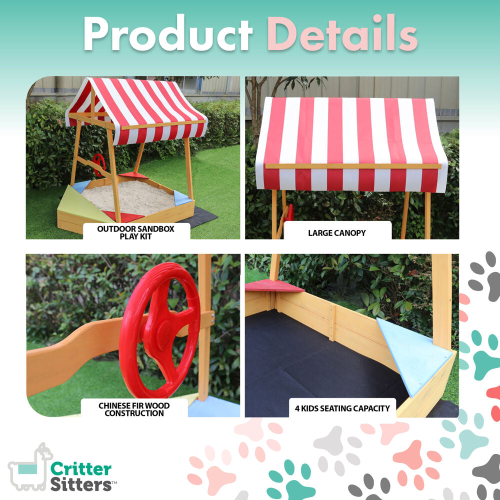 Critter Sitter Children's Wood Sand Box Boat with Red and White Striped Canopy， Wheel， and Bottom Liner - CSSB0103-NAT