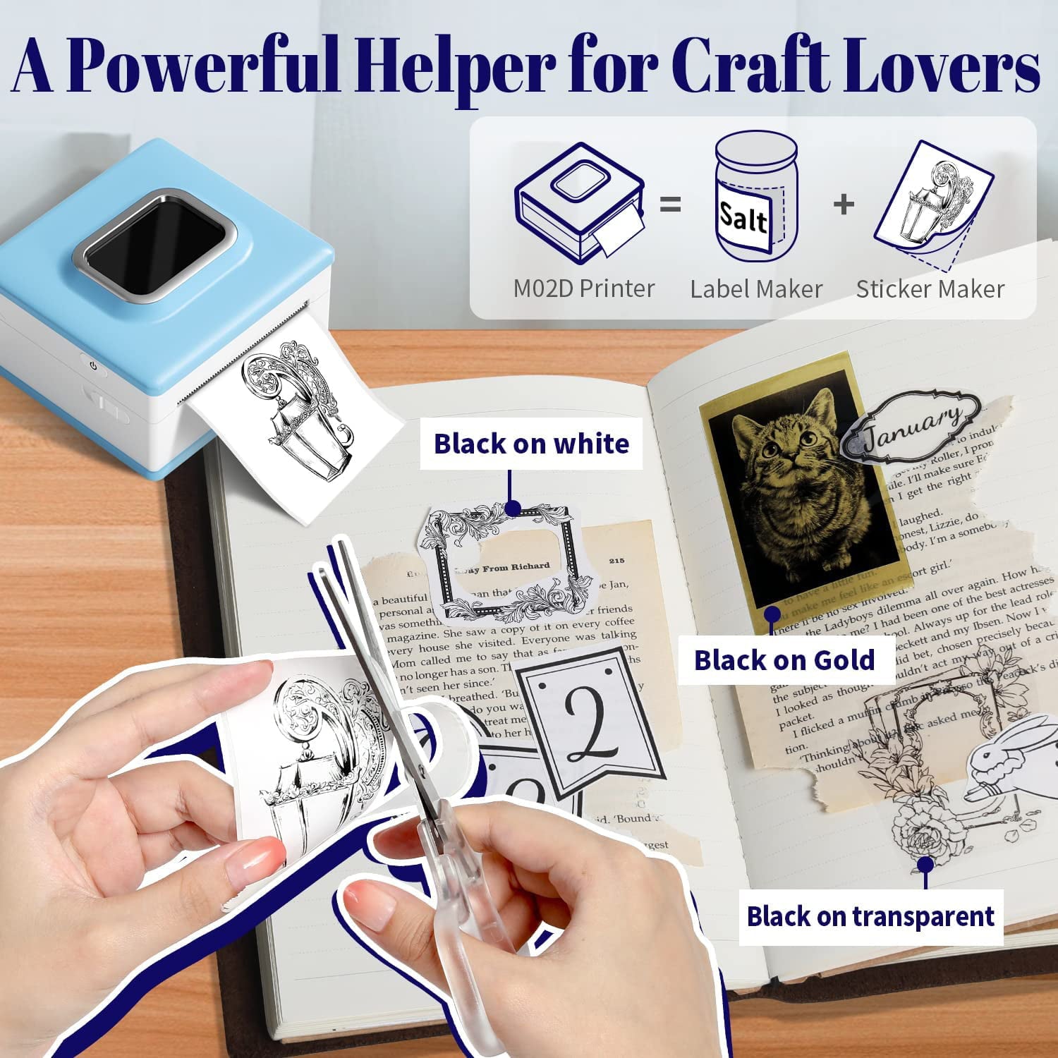 Portable Mini Sticker Printer, M02D Portable Wireless Printer with 1 Roll Paper, Compatible with iOS Android, Pocket Printer for Small Business, Bullet Journal, Work Plans, Memos