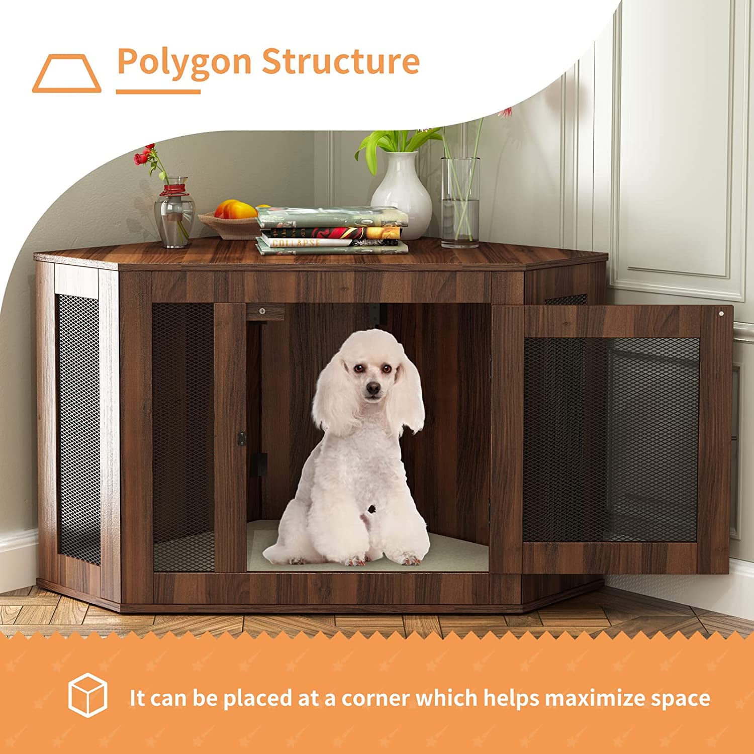 Dog Crates for Medium Dogs， Dog Crates Cage Kennel Furniture Indoor with Cushion and Lockable Doors， Wooden Corner Dog Crate for Small/Medium Dogs， Perfect for Limited Room (Walnut， Medium)