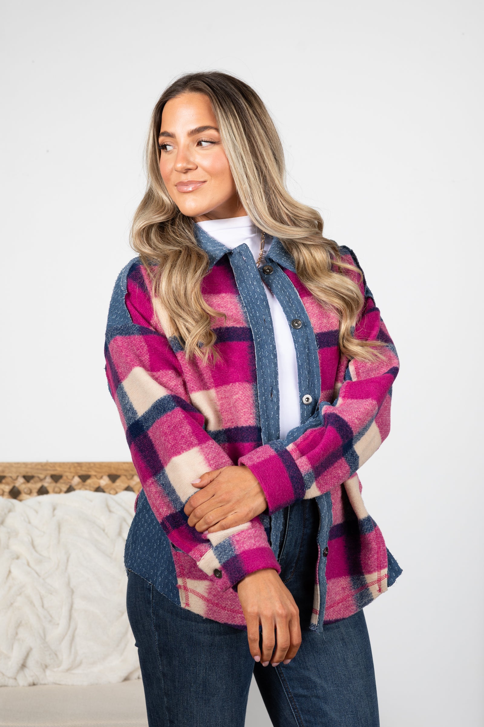 Textured Denim Contrast Plaid Shacket