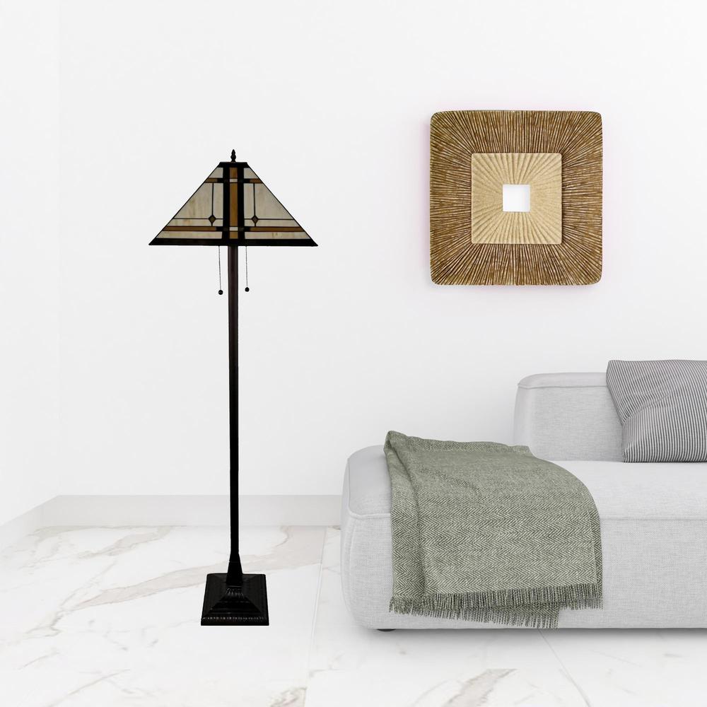 HomeRoots 478077 62 in. Two Lights Traditional Shaped Floor Lamp with Brown & White Stained Glass Cone Shade, Brown
