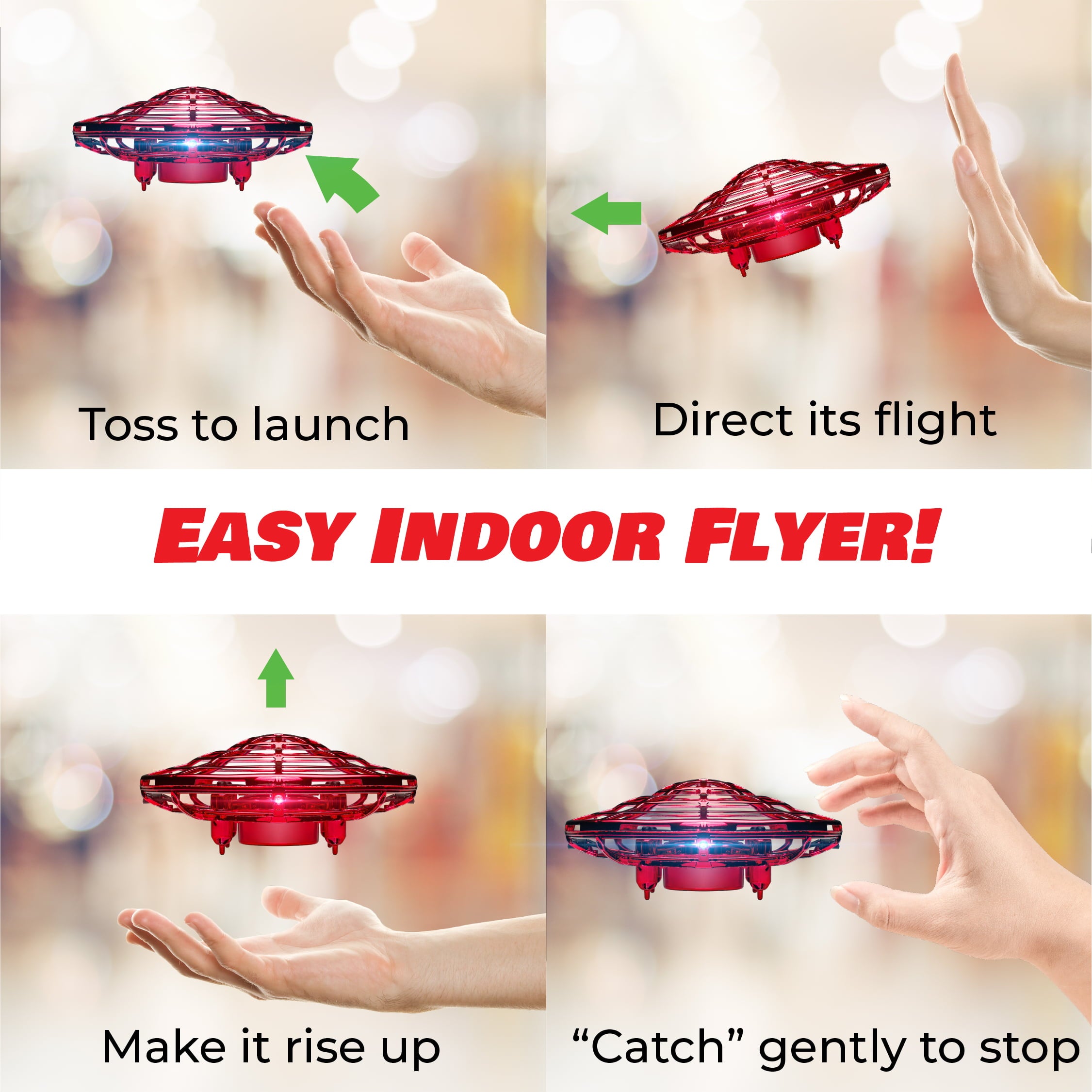 Force1 Scoot Hand Operated Drone for Kids - Red Indoor UFO Flying Toy Drone