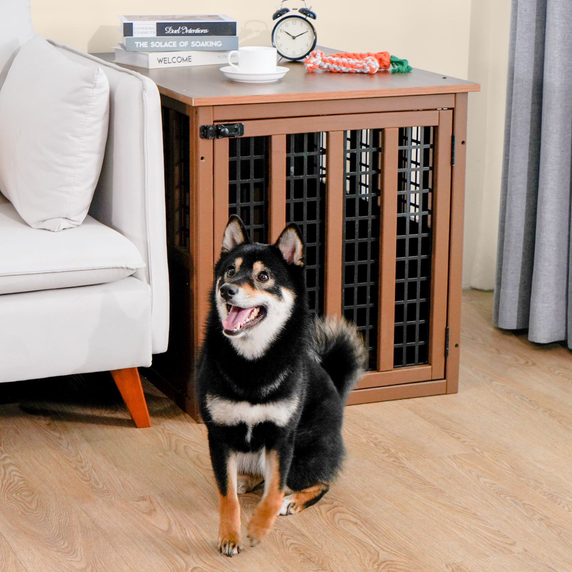 WISHIVE Dog Crate Furniture， Wooden Dog Crate with Door， Indoor Dog Kennel for Small/Medium Dog， Mesh Dog Kennels， Cat House， Dog Furniture， End Table， Brown Rectangle