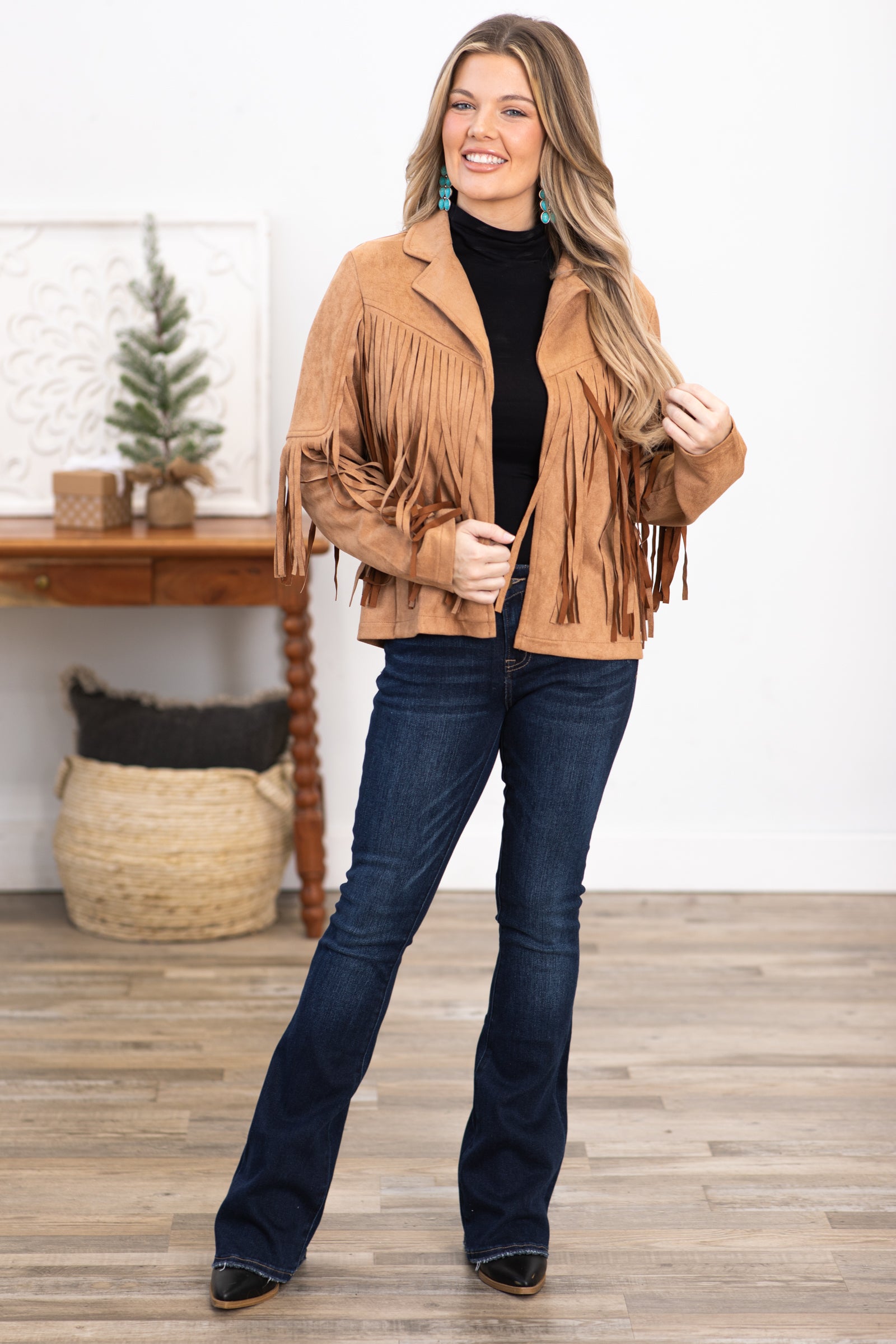 Camel Vegan Suede Jacket With Fringe
