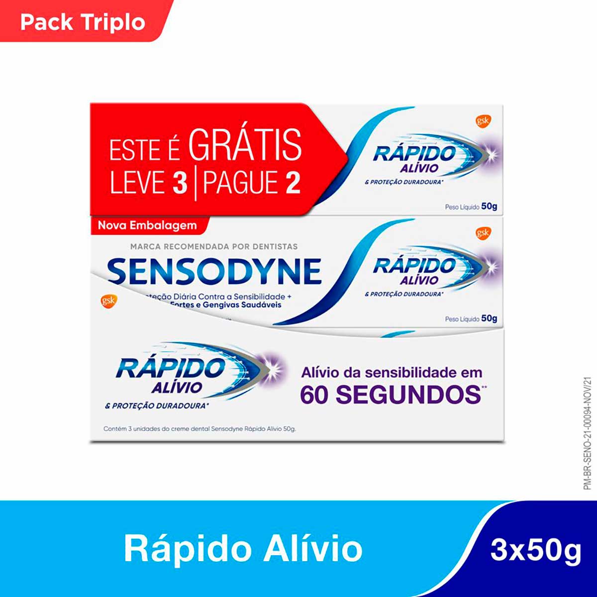 Kit Sensodyne Rapido Alivio de Creme Dental Alivio em 60 Segundos Para Dentes Sensiveis 3 Unidades de 50g