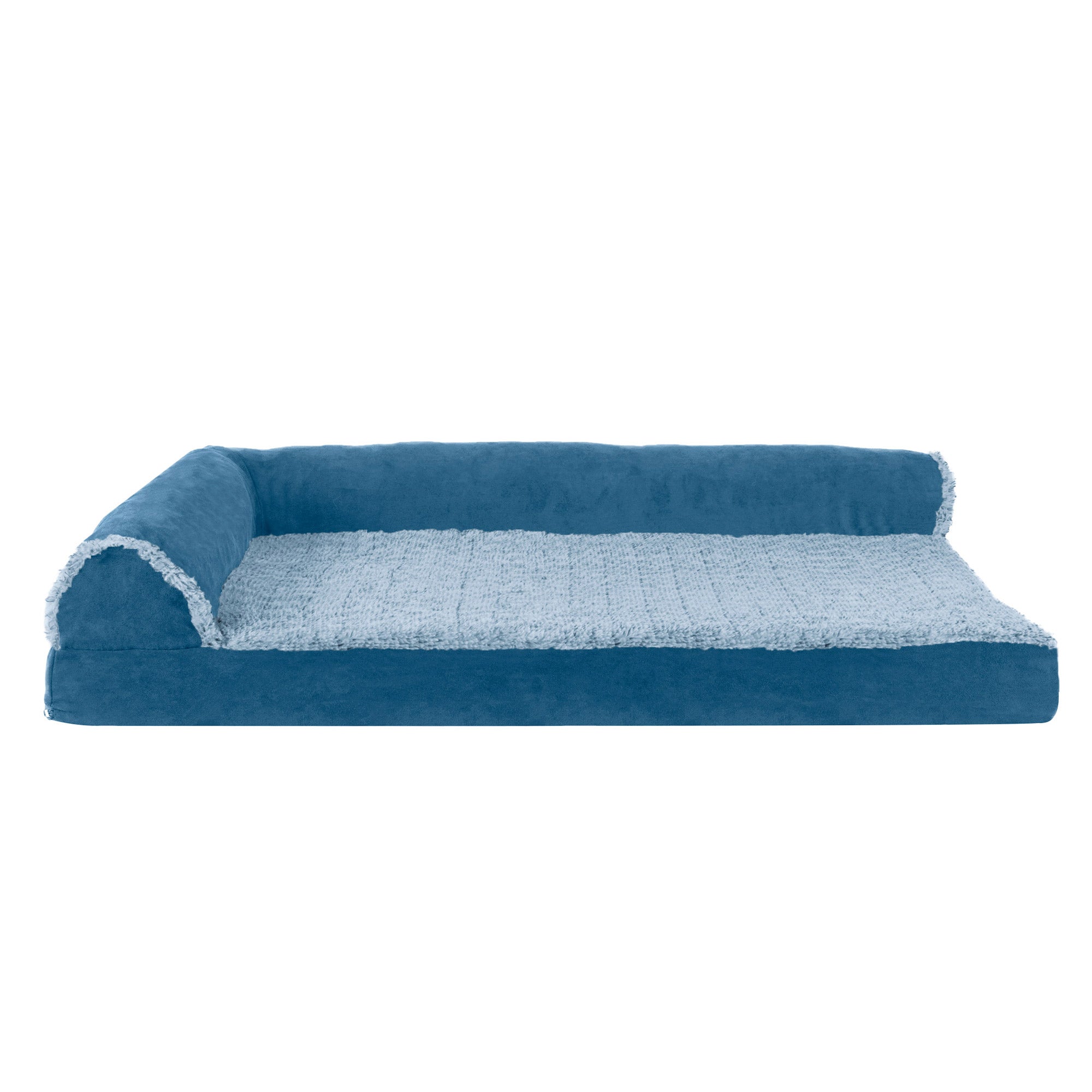 FurHaven | Deluxe Orthopedic Faux Fur and Suede L-Chaise Lounge Pet Bed for Dogs and Cats， Marine Blue， Large