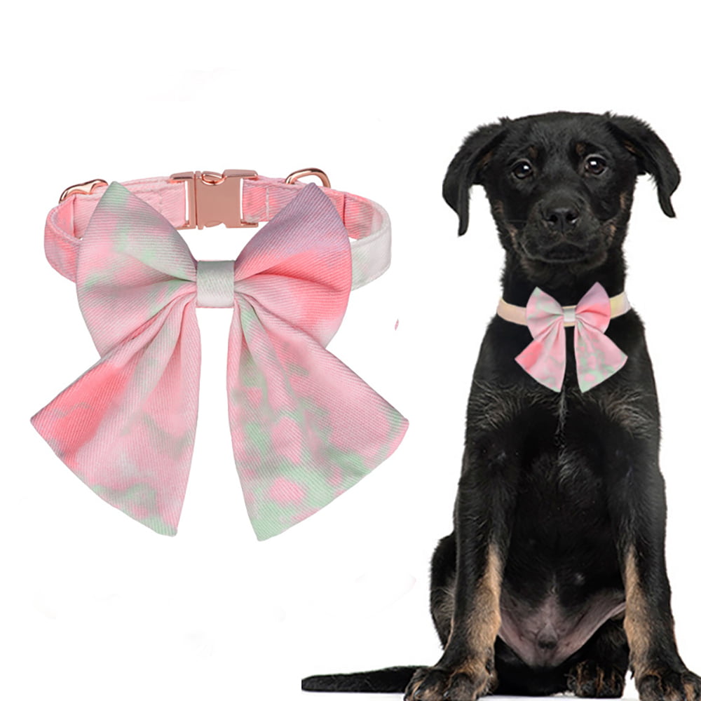 Bowtie Dog Collar ， Cute Pink Cotton Linen Breathable Dog Collar Bow Tie ，Detachable Bowtie， Adjustable Collarfor for medium large dogs