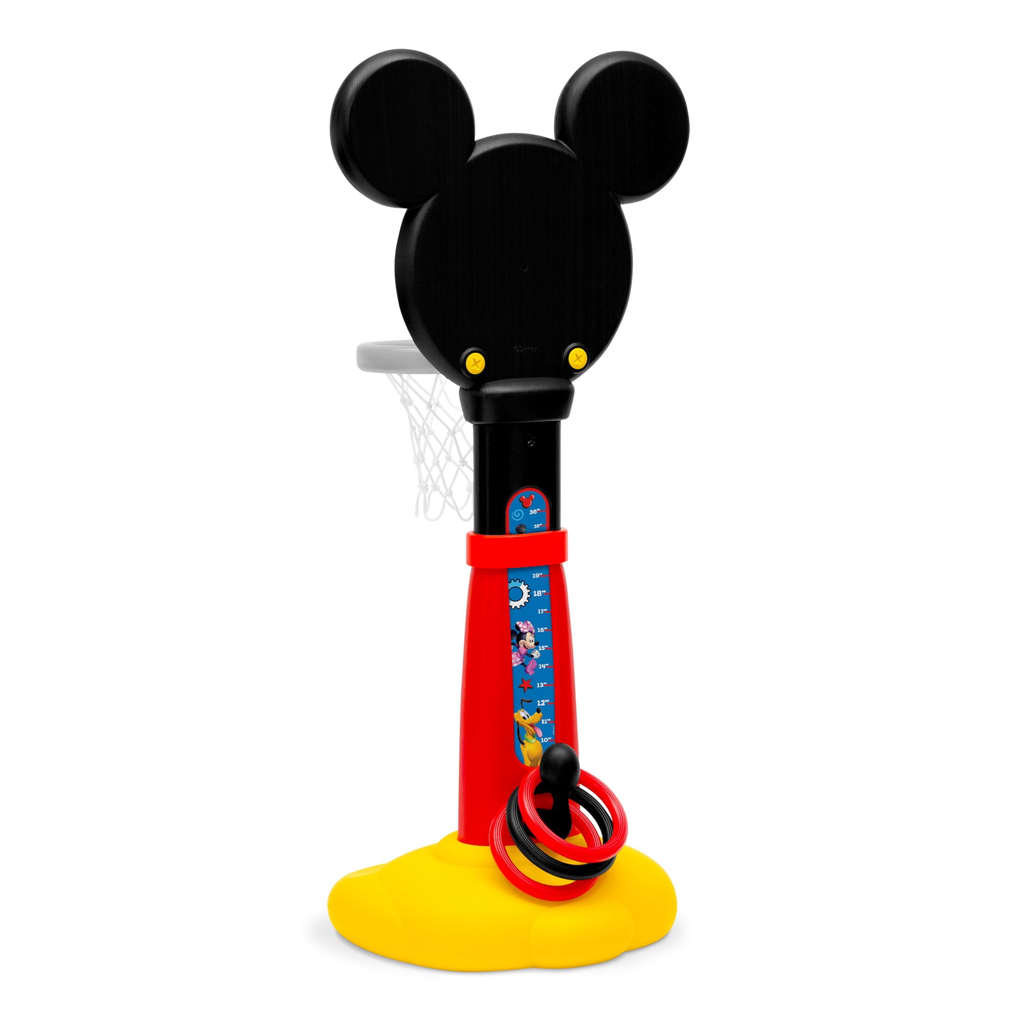 Disney Mickey Mouse Plastic Basketball Set by Delta Children – Includes Basketball Hoop， 1 Basketball， Ring Toss Game with 3 Rings， Growth Cart and Ball Pump
