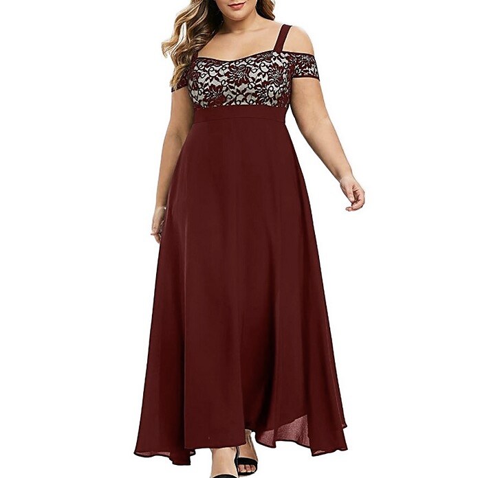 Women's Plus Size Party Dress Solid Color Off Shoulder Lace Short Sleeve Winter Spring Vintage Sexy Prom Dress Maxi long Dress Party Dress / Summer / Black Dress / Homecoming Dress