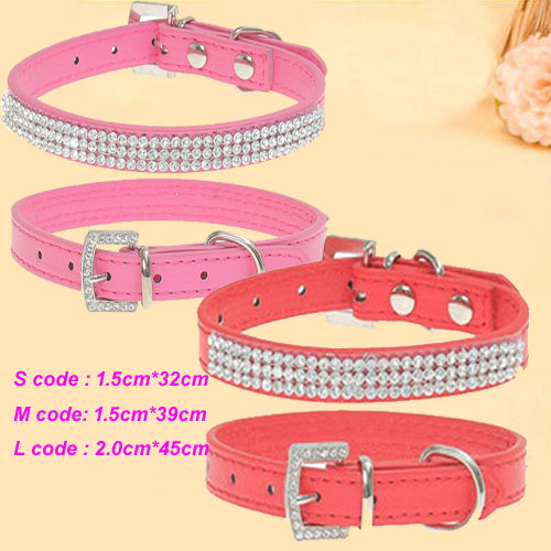 Bling Rhinestone Puppy Cat Collars Adjustable Leather Kitten Collar For Small Medium Dogs Cats Pink L