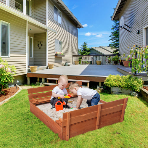 JOYMOR 47x47inch Kids Large Wooden Sandbox with Bench Seats， Children Outdoor Playset， Outdoor Cedar Sandbox with Bottom Liner， Convertible Square Sandbox for Backyard， Home， Lawn