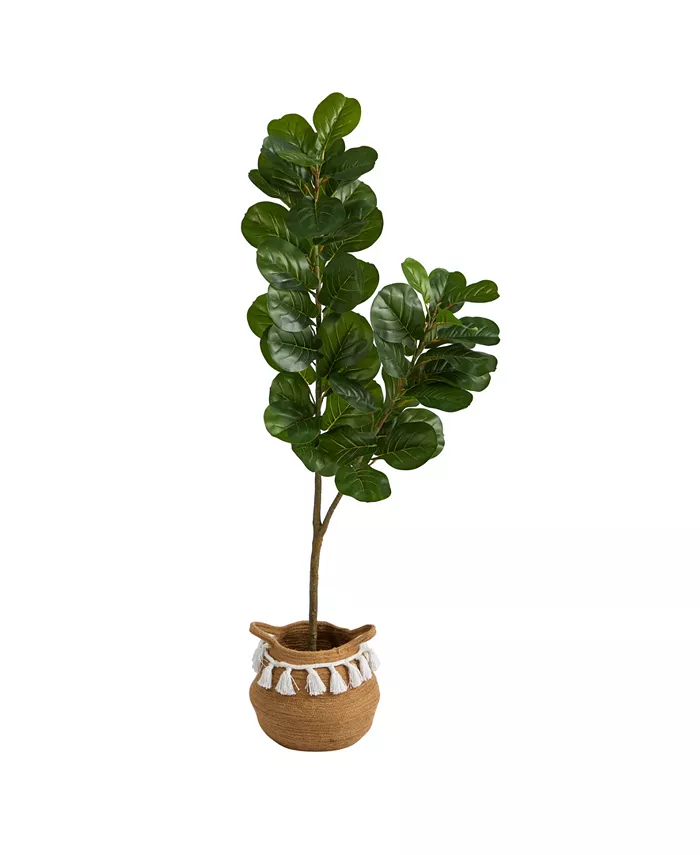 Nearly Natural 4.5' Fiddle Leaf Fig Artificial Tree in Boho Chic Planter with Tassels