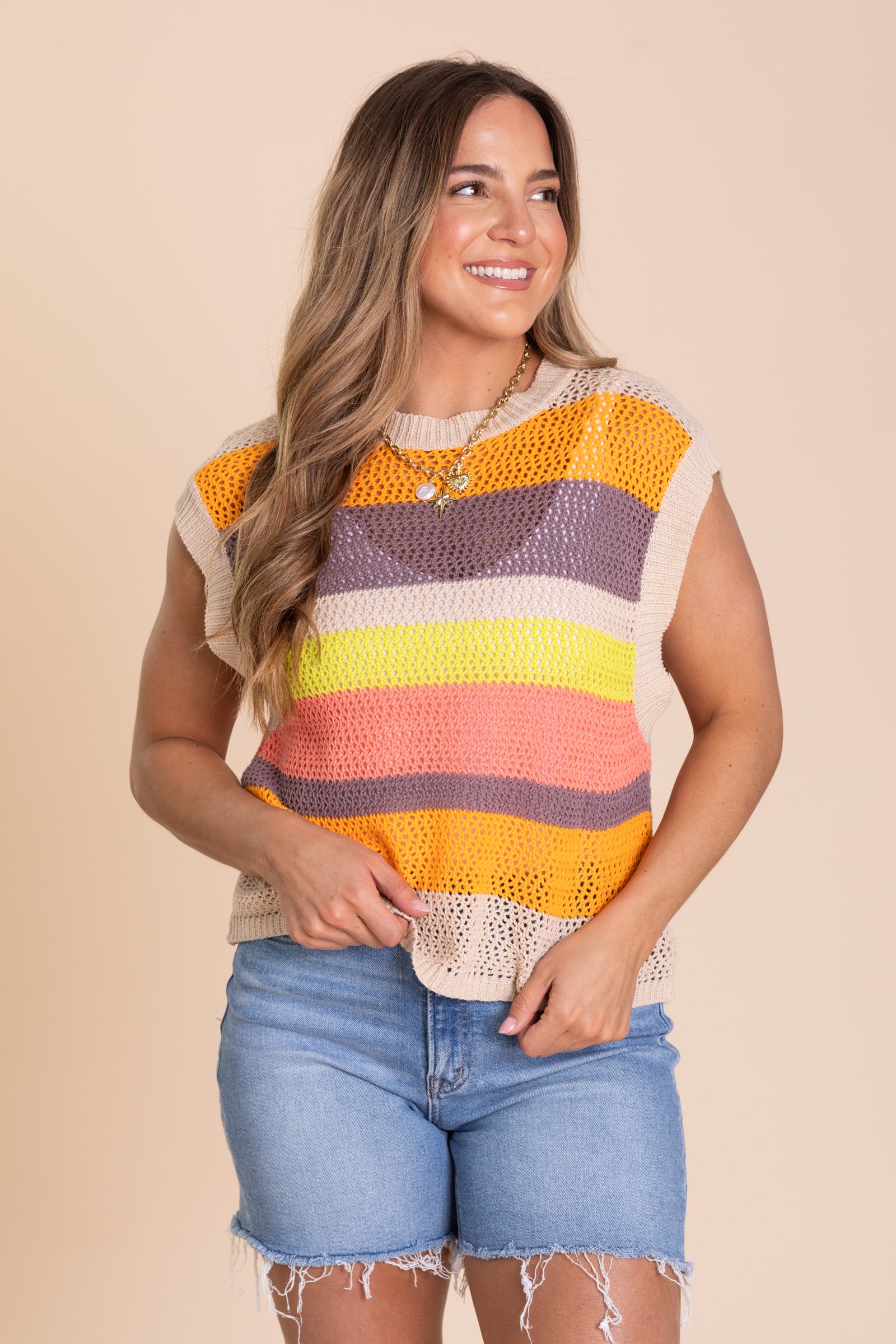 Tan Crochet Multi Stripe Knit Sweater Top
