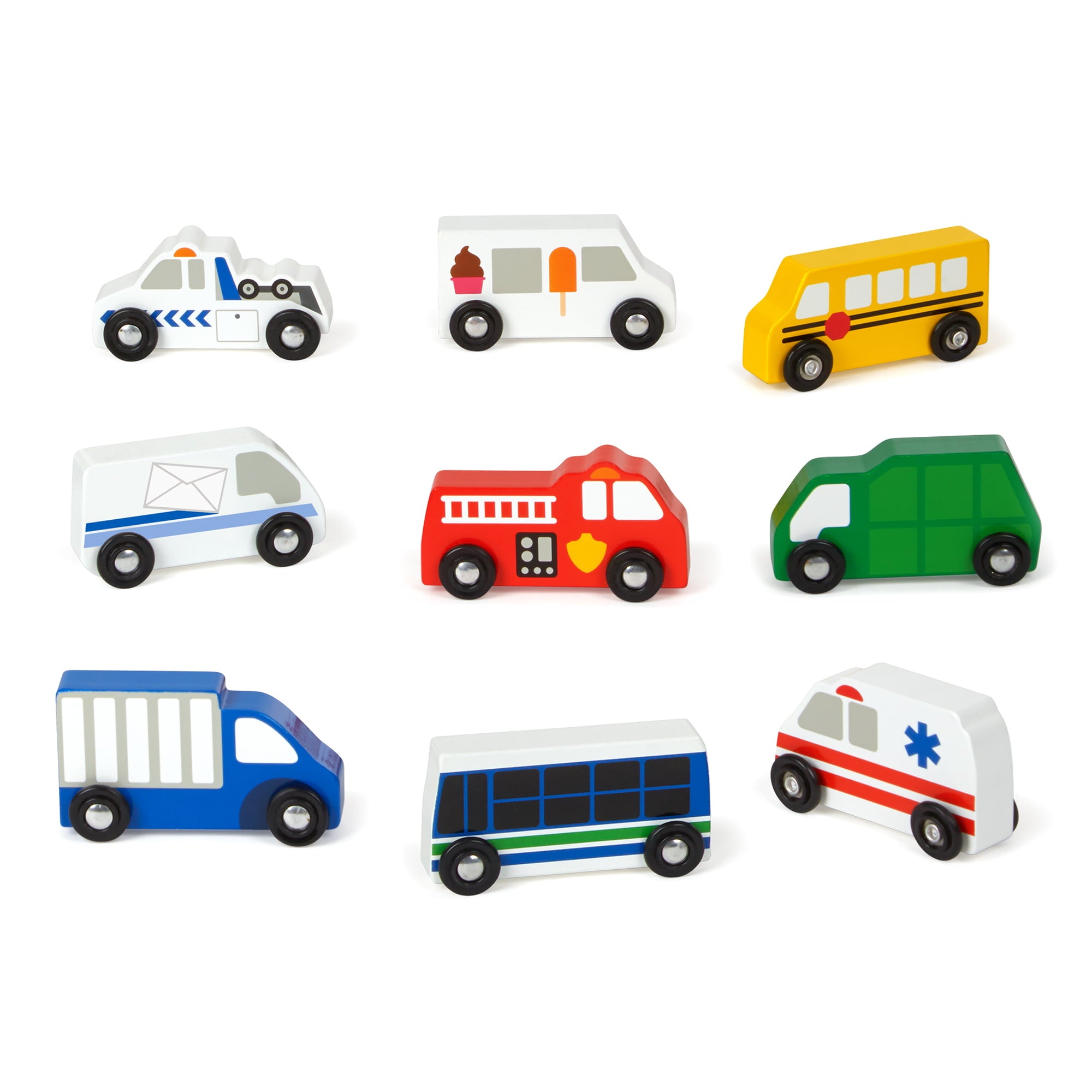 Melissa and Doug Wooden Town Vehicles Set in Wooden Tray (9 pcs)