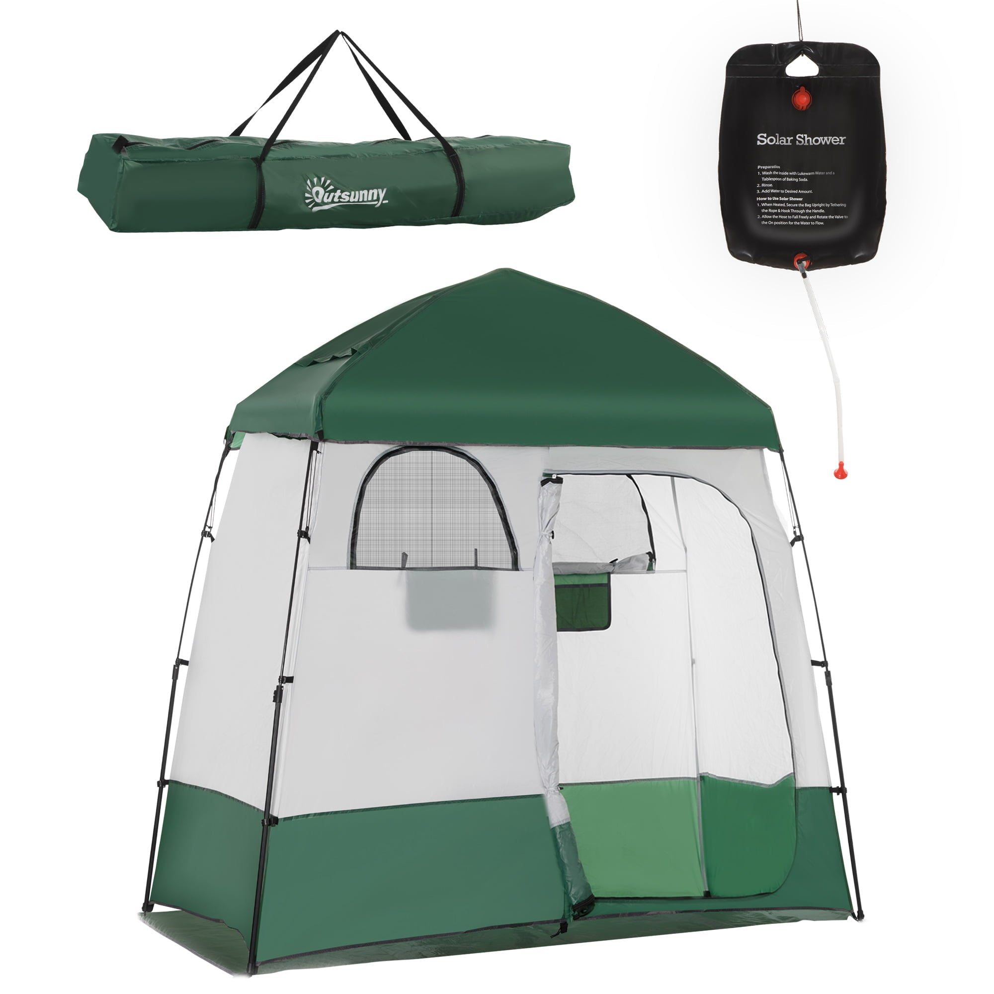 Outsunny Shower Tent, Pop Up Privacy Shelter for Camping, Dressing Changing Room, Portable Instant Outdoor Shower Tent Enclosure w/ 2 Rooms, Shower Bag, Floor and Carrying Bag, Green