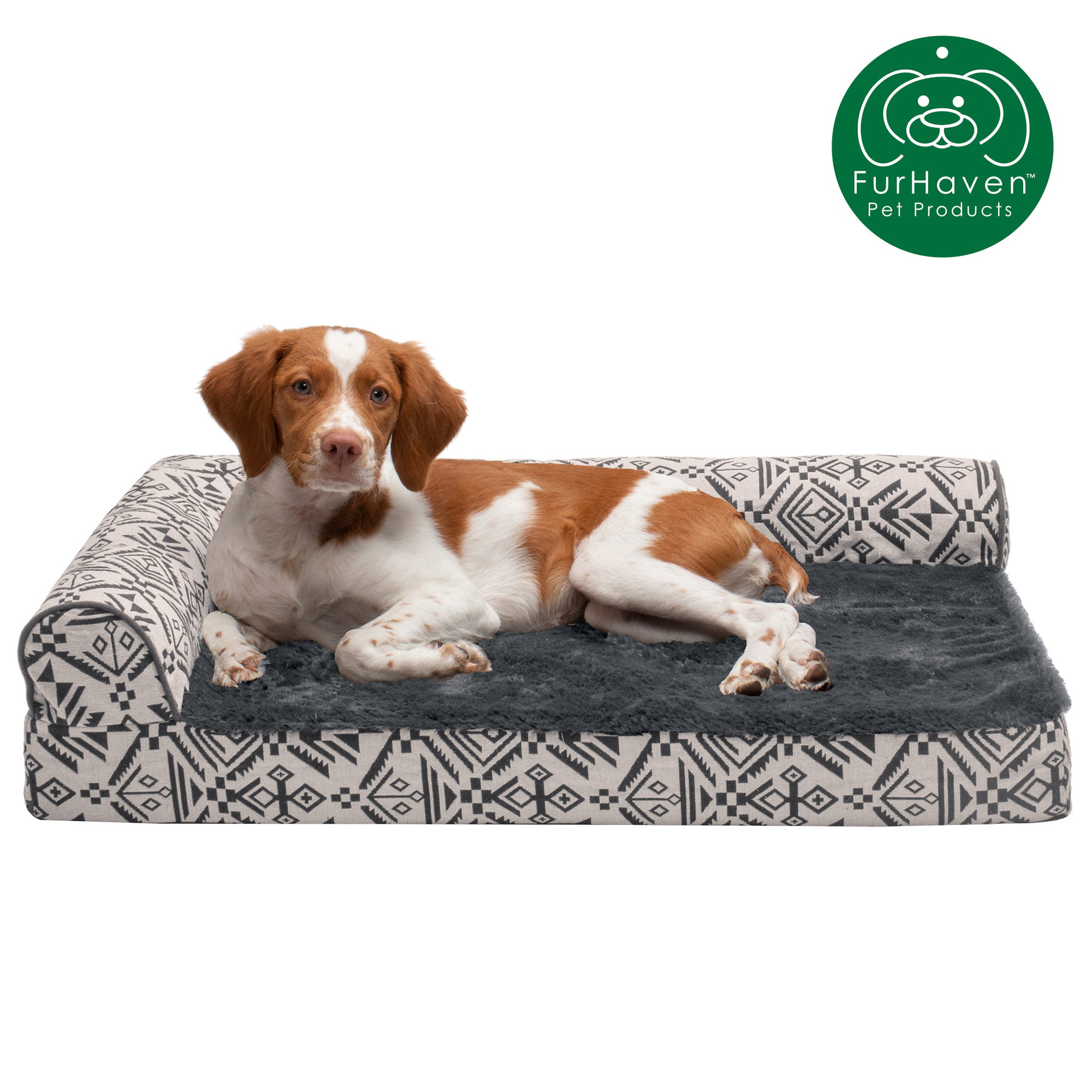 FurHaven | Deluxe Memory Foam Southwest Kilim L-Chaise Lounge Pet Bed for Dogs and Cats， Boulder Gray， Medium