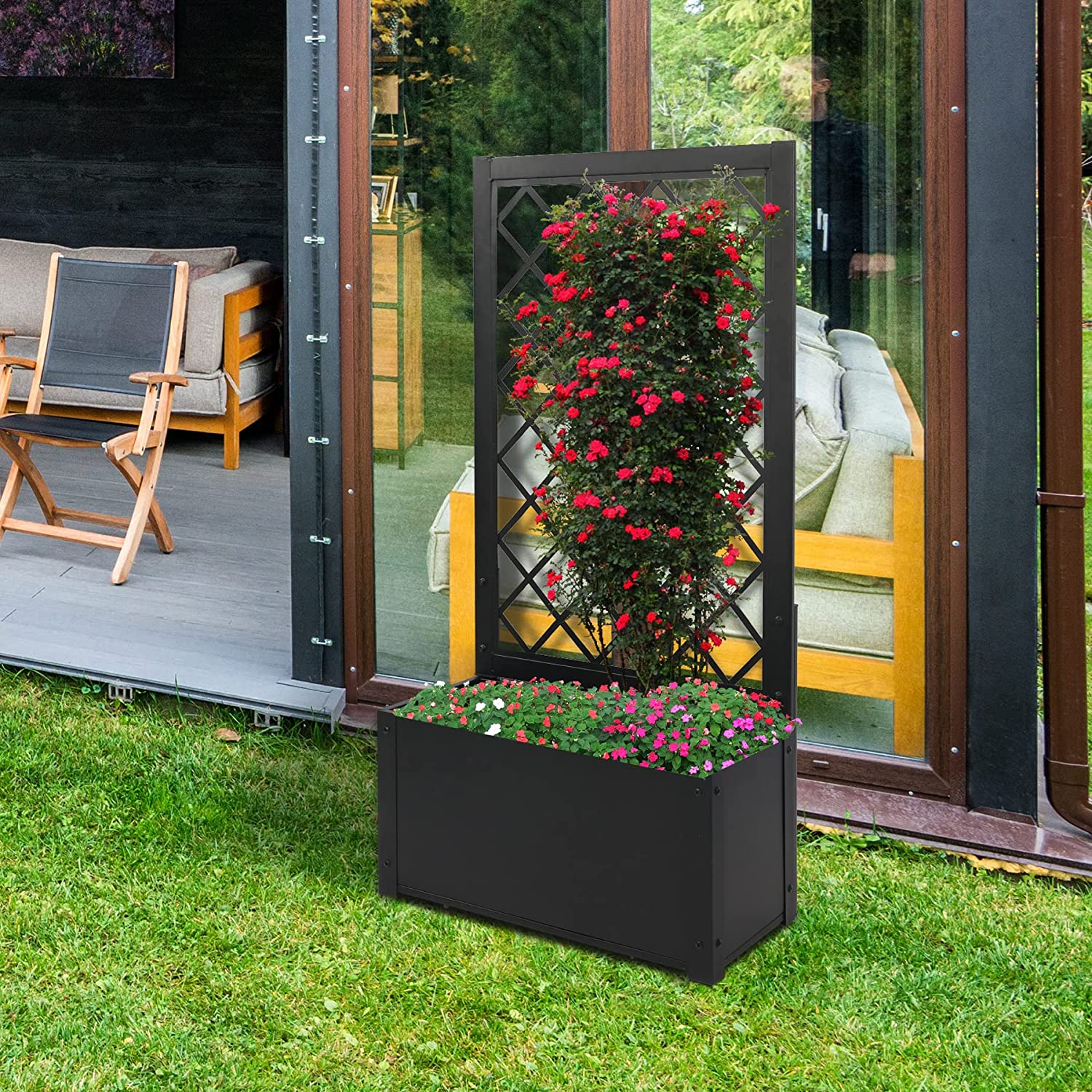 REDCAMP Metal Planter Box with Trellis, 48 Inch Height Raised Garden Bed with Trellis for Climbing Plants, Lattice and Flower for Patio Garden Indoor Outdoor