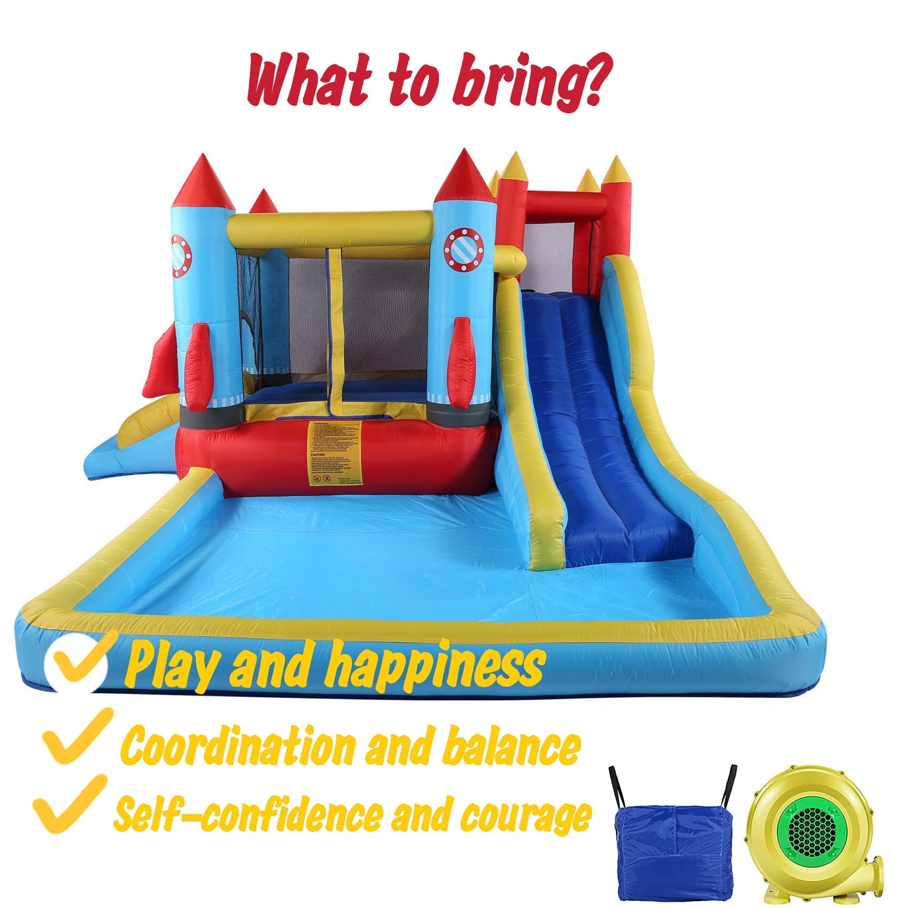 Inflatable Bounce House with Blower Children Bouncer with Large Bounce Area， 2 Slides， Climbing Wall， Play Pool， Water Slide， Park/Castle Theme