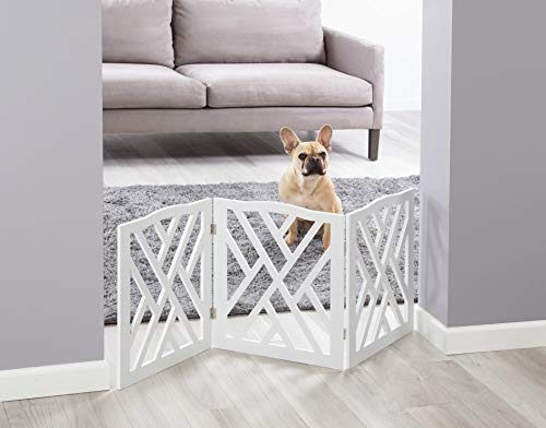 KOVOT Wood Freestanding Foldable Adjustable 3-Section Pet Gate with White Lines Design | Measures 19