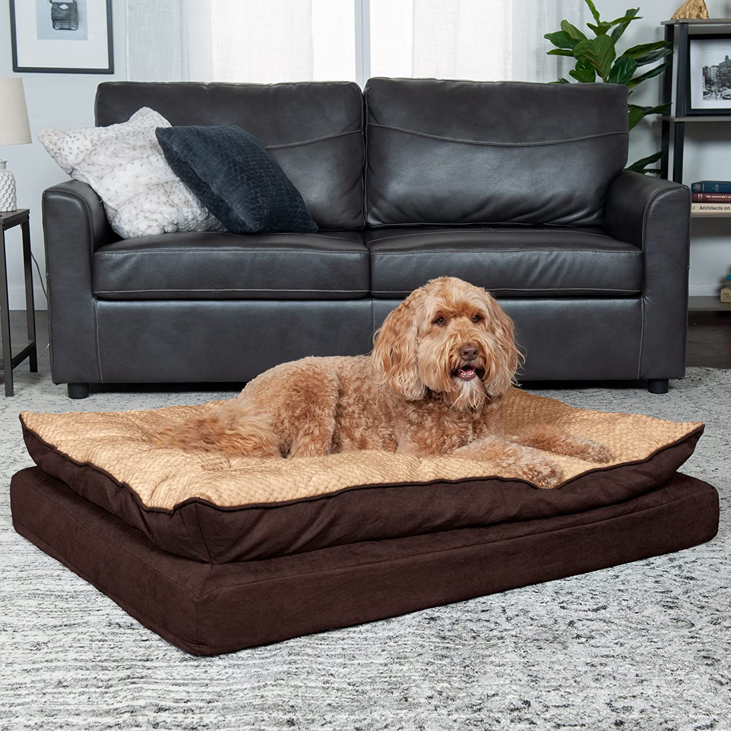 Furhaven XL Orthopedic Dog Bed Minky Plush and Suede Pillow Top Mattress w/ Removable Washable Cover - French Roast， Jumbo (X-Large) Pillow Top - Minky Plush and Suede (French Roast) Jumbo Orthopedic Foam