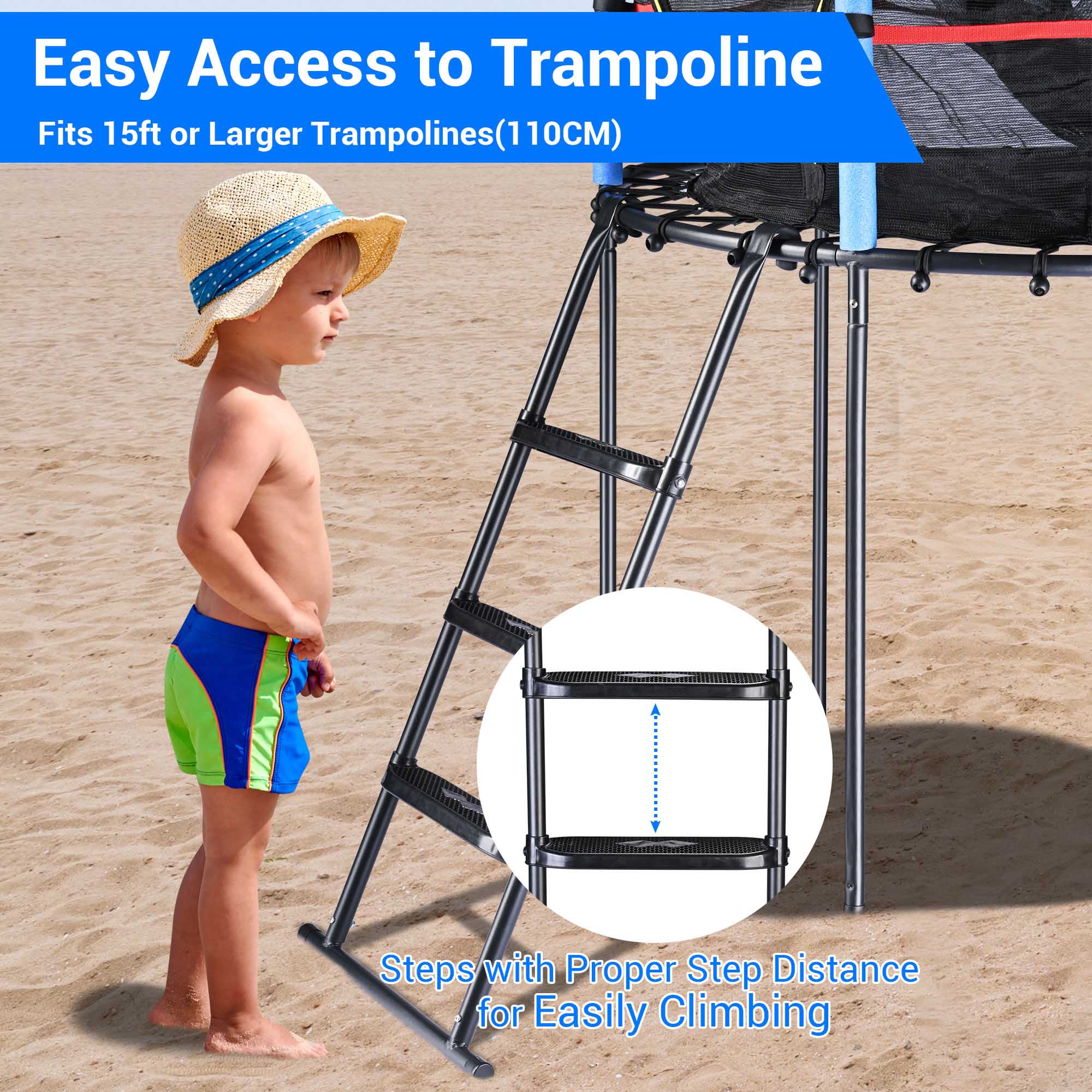 Yescom Universal 3 Step Trampoline Ladder with Wide Skid-Proof Steps Fit 15 FT or Larger Trampolines Kid Outdoor