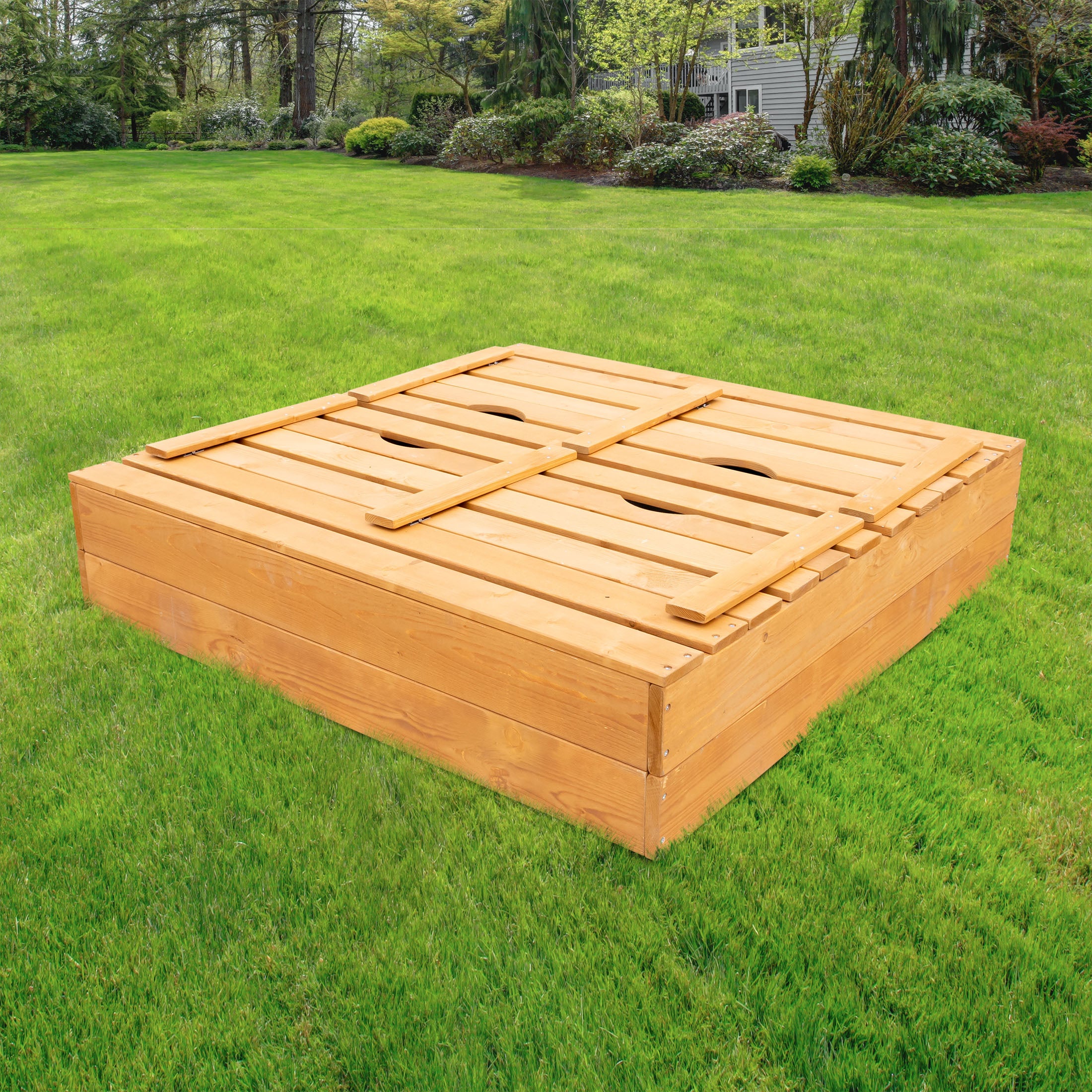 Sportspower 4.2’ x 4’ Rectangular Sandbox with 2 Wooden Bench and Ground Liner