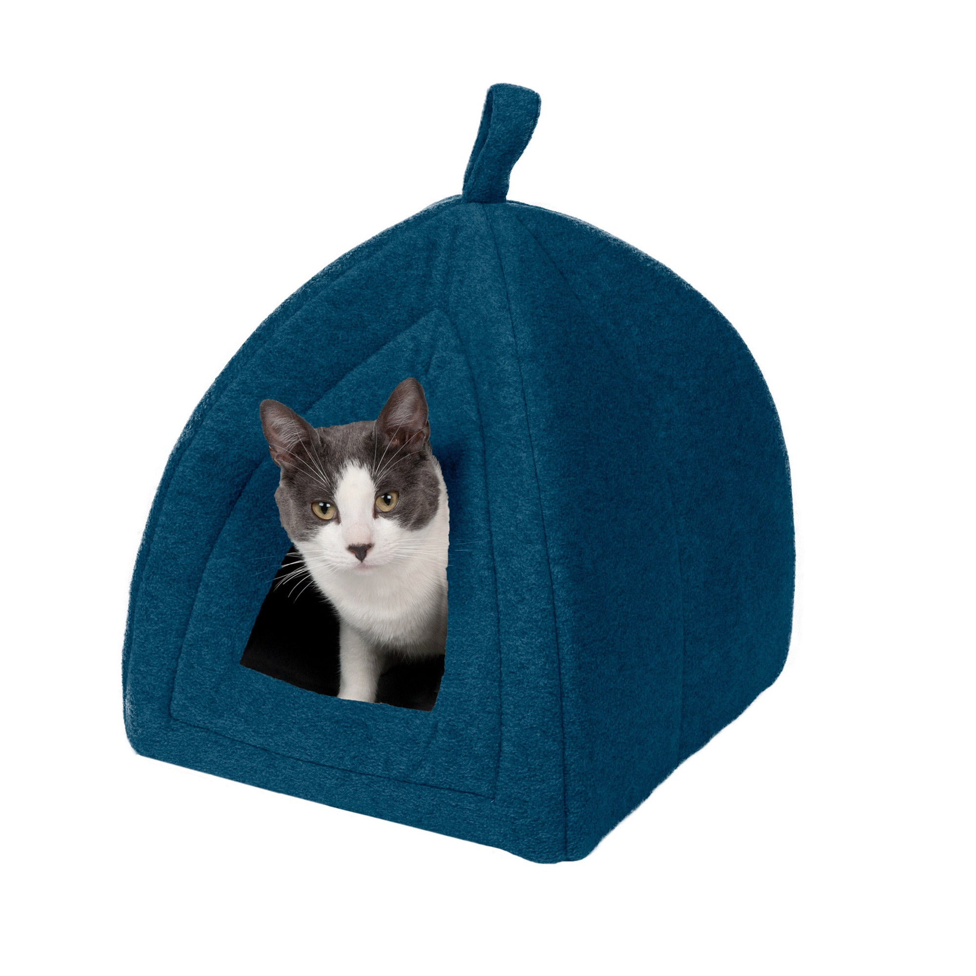 FurHaven Pet Cat Bed | Fleece Hooded Tent House Pet Bed for Cats and Small Dogs， Lagoon Blue
