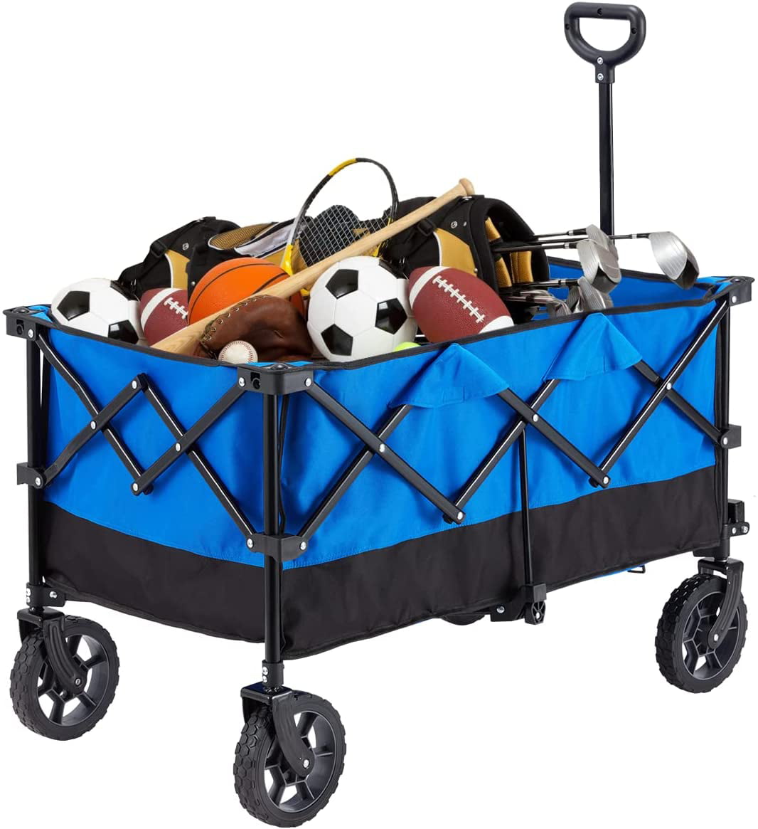 Mellcom Folding Wagon Cart， Outdoor Utility Foldable Trolley for Travel， Shopping， Camping， Blue