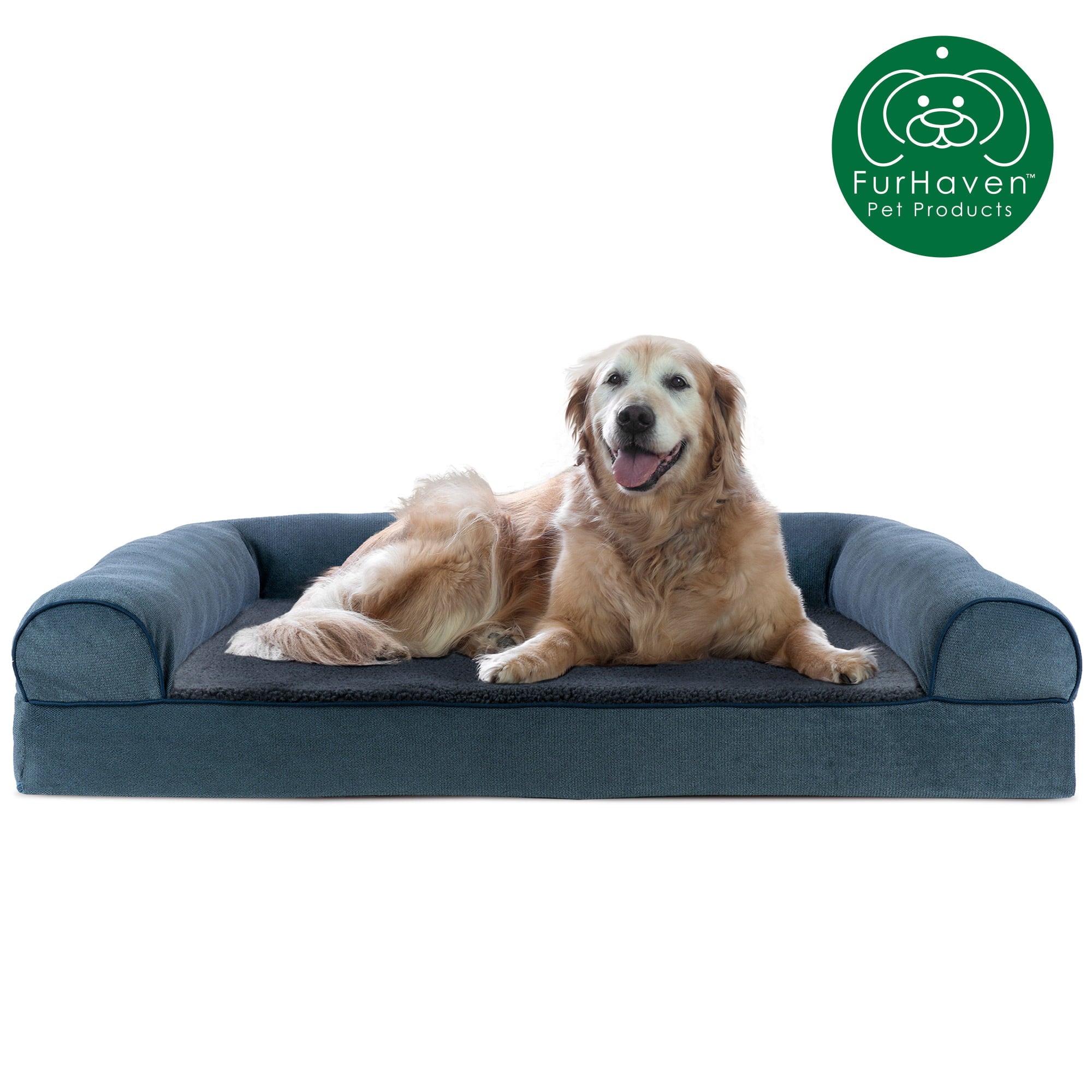 FurHaven | Cooling Gel Faux Fleece and Chenille Sofa Pet Bed for Dogs and Cats， Orion Blue， Jumbo