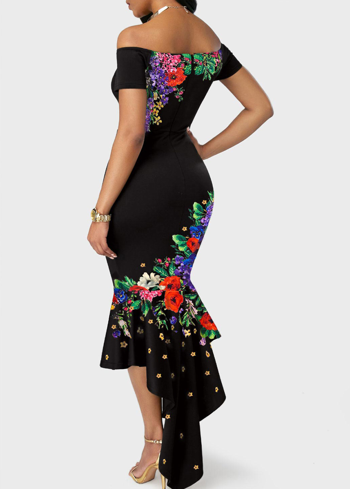 Floral Print Off the Shoulder Black Mermaid Dress